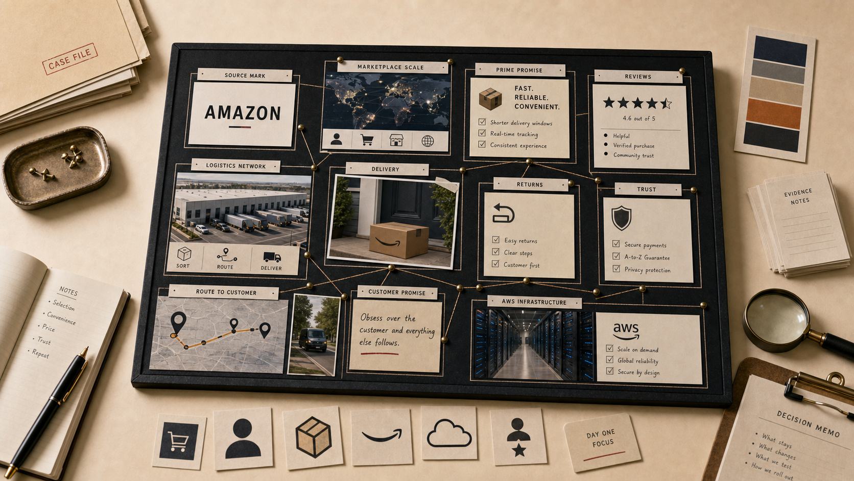 Premium editorial archive still-life of an Amazon brand system case with Amazon source-mark card, parcel, Prime promise card, review ledger, delivery route map, returns card, AWS infrastructure card, logistics network, and trust notes
