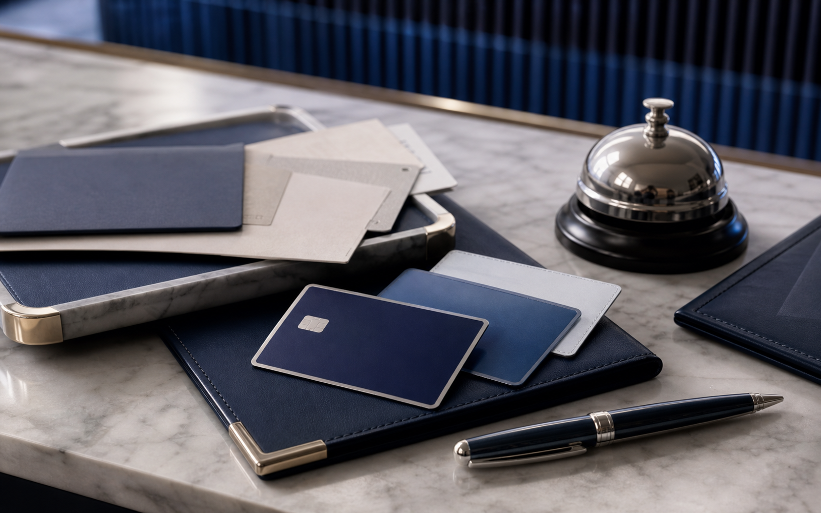 Premium travel and payment desk with blank blue cards and service objects, without logos, numbers, or legible text.