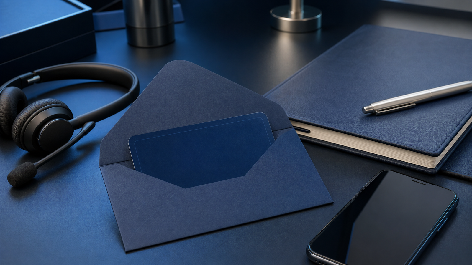 Premium service desk with blank replacement card envelope and no legible text.