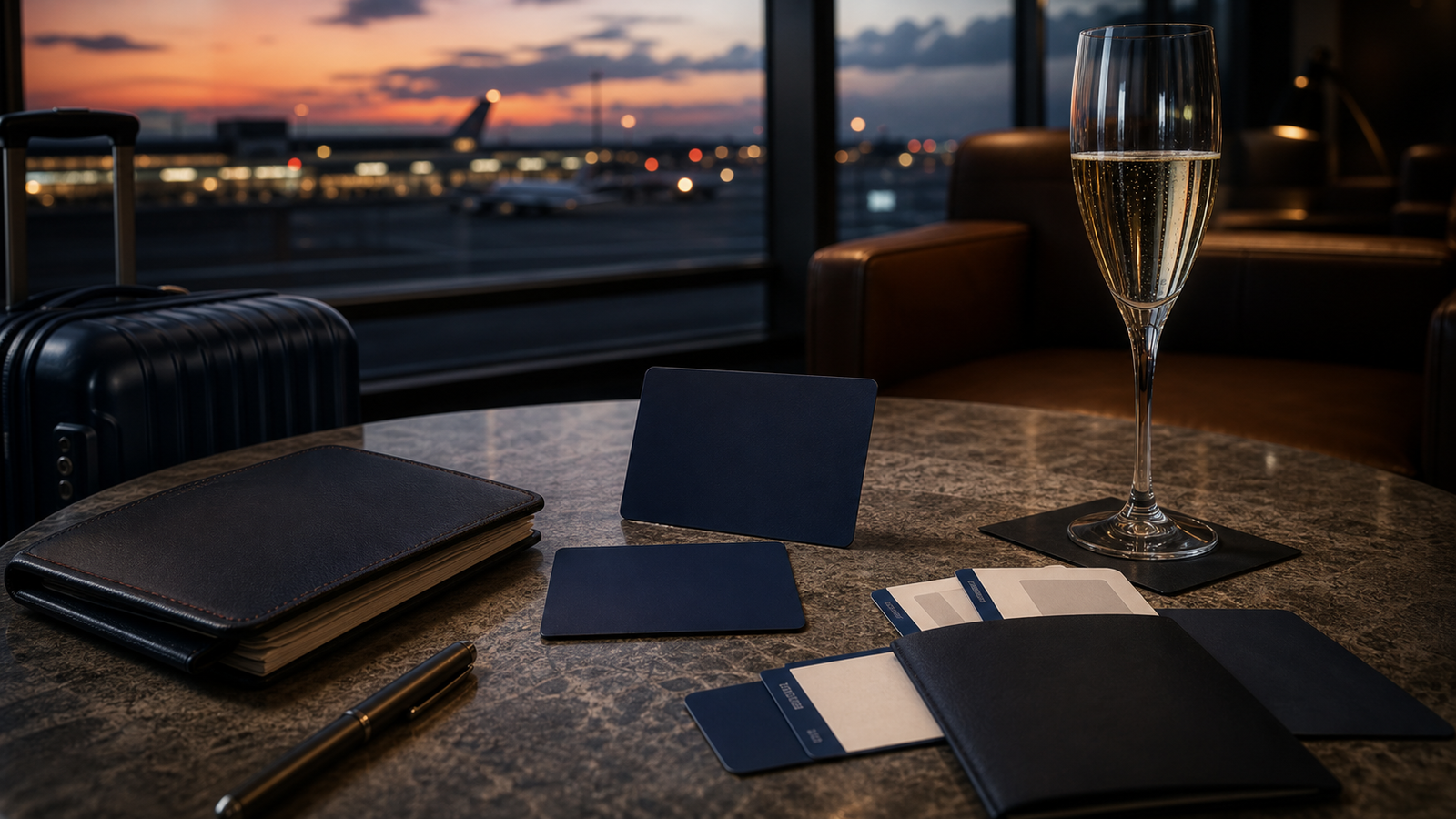 Airport lounge service scene with blank blue cards and no legible travel documents.