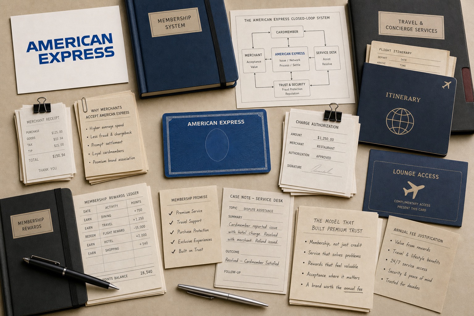 Premium editorial archive still-life of an American Express membership payment-system case with an American Express source-mark card, generic blue charge card, closed-loop network diagram, merchant receipts, Membership Rewards ledger, travel itinerary, lounge access card, and service desk case note