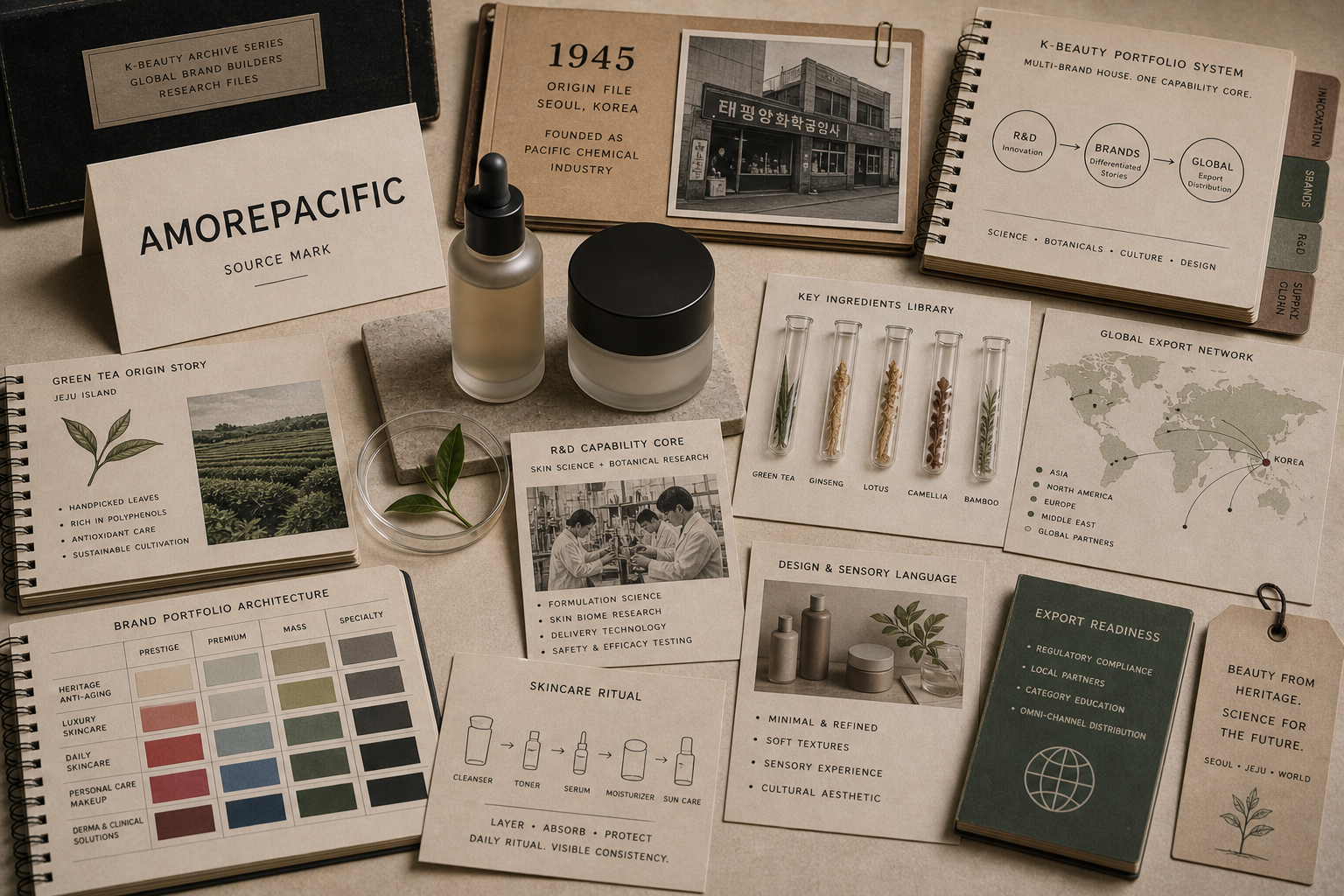 Premium editorial archive still-life of an Amorepacific K-beauty portfolio case with source-mark card, skincare jars with blank labels, ingredient study cards, retail tester tray, serum dropper, export route note, and brand portfolio map