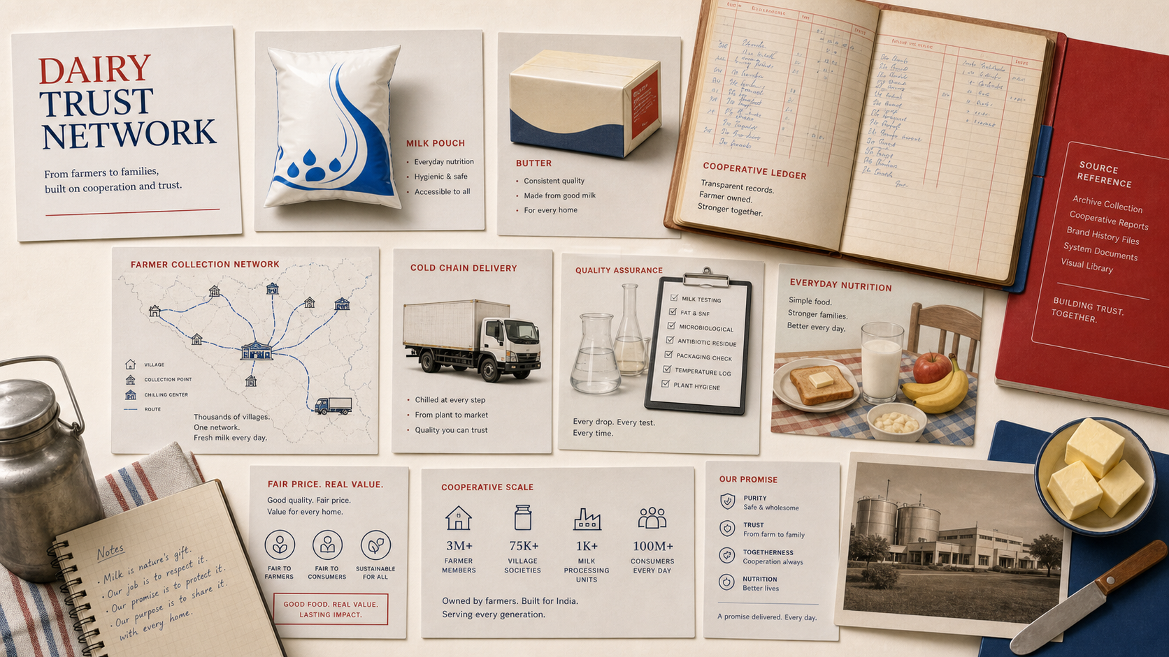 Premium editorial archive still-life of an Amul dairy cooperative trust case with milk pouch card, butter carton shape, cooperative ledger, farmer collection route map, cold-chain truck card, quality lab checklist, family breakfast diagram, and red-blue source-reference card