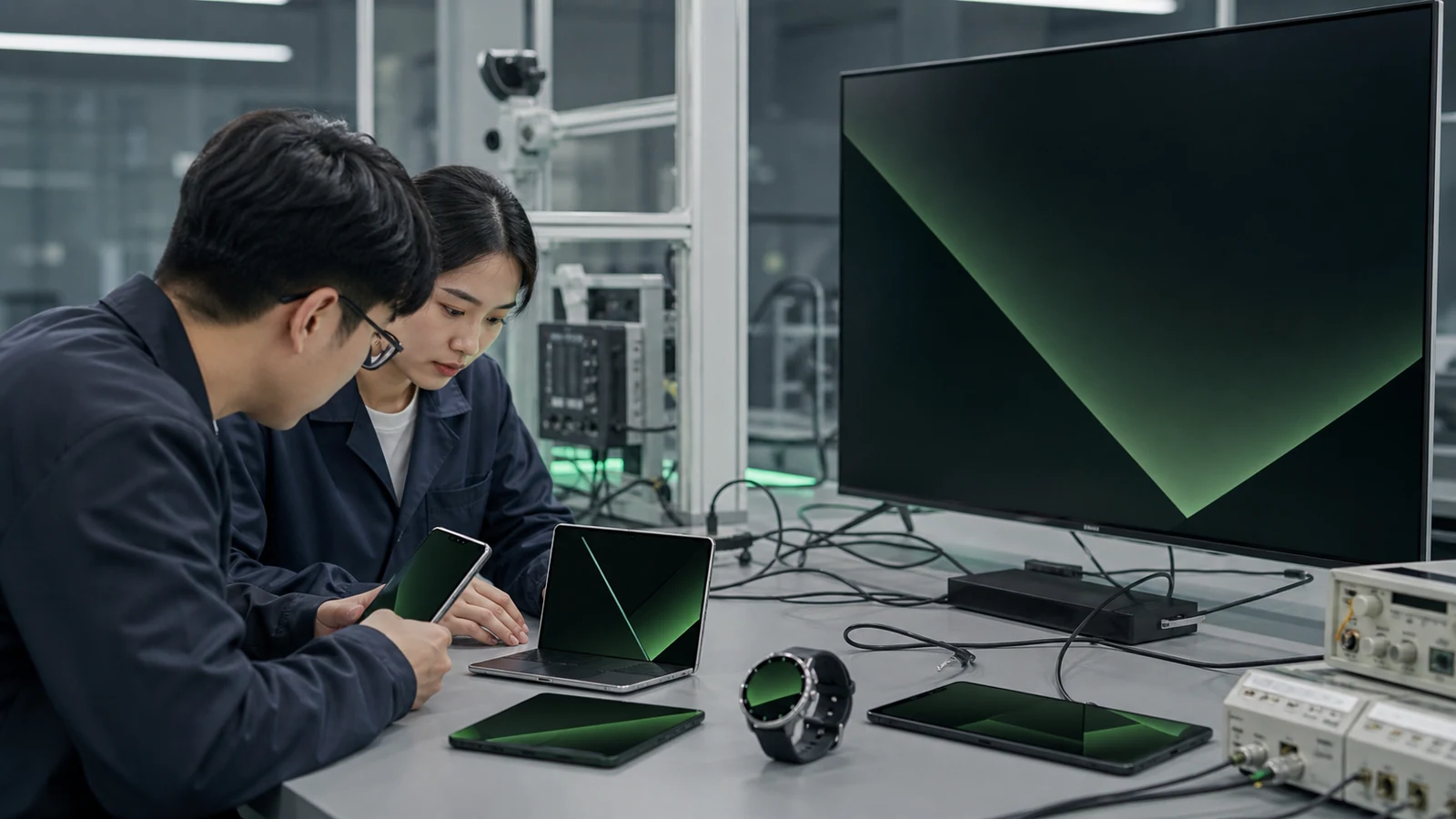 Engineers test a phone, foldable, tablet, watch, and television together in a compatibility lab.