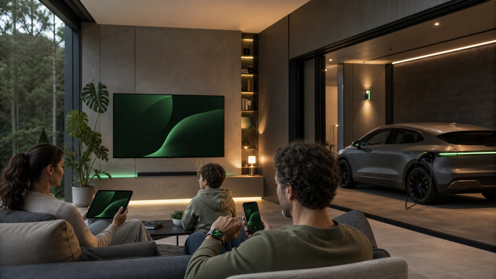 A family uses connected devices across a home and car.