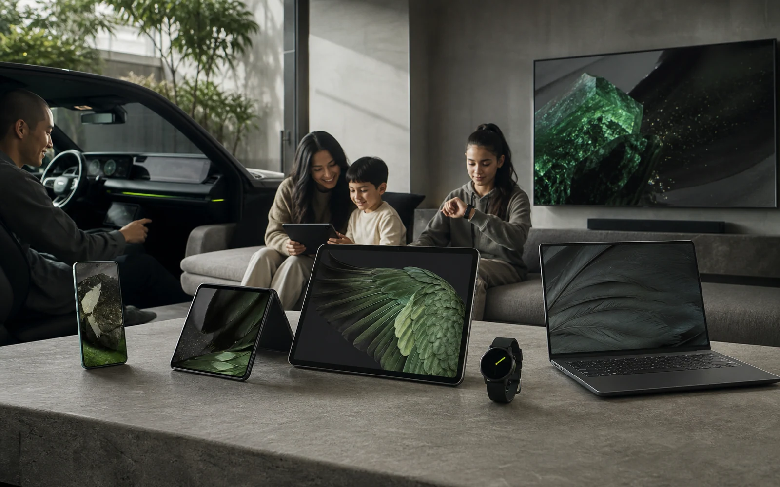 A family uses phones, a foldable, tablet, watch, television, and in-car display in one connected living space.