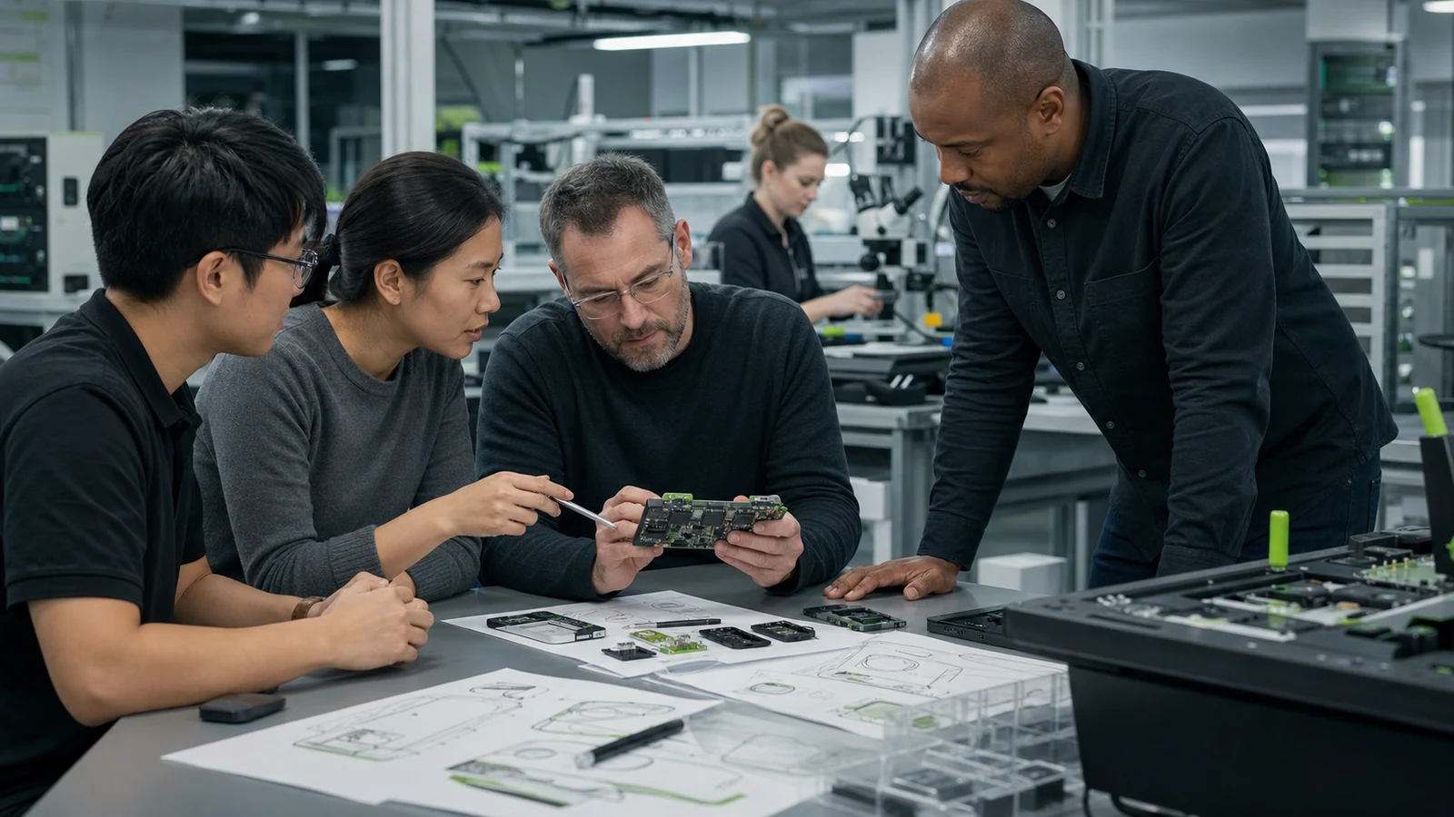 Hardware partners and software engineers collaborate around prototype devices.