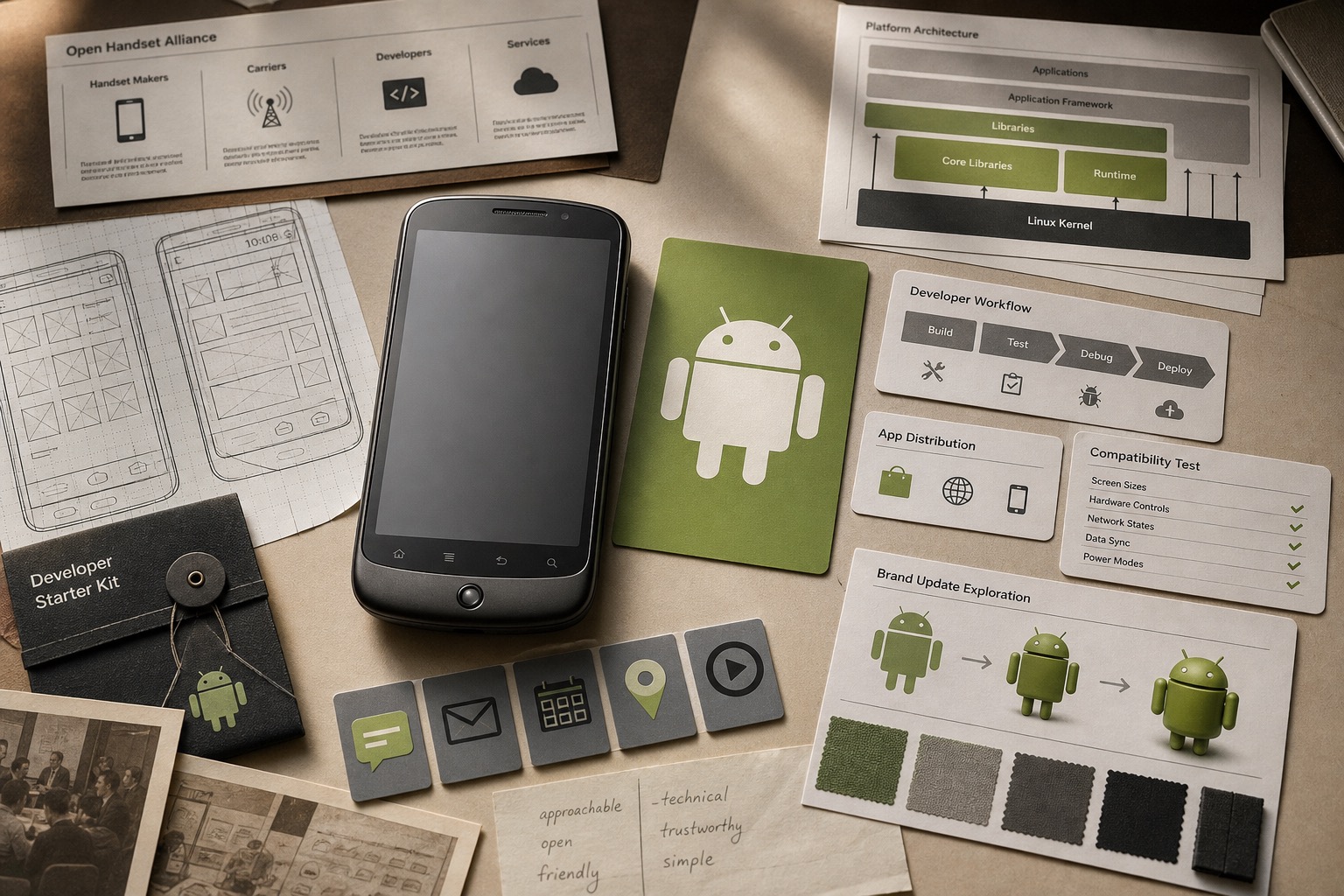 Premium editorial archive still-life of an Android open mobile system case with a blank smartphone, robot source-mark card, Open Handset Alliance notes, platform architecture sheet, developer kit, app tiles, and compatibility cards