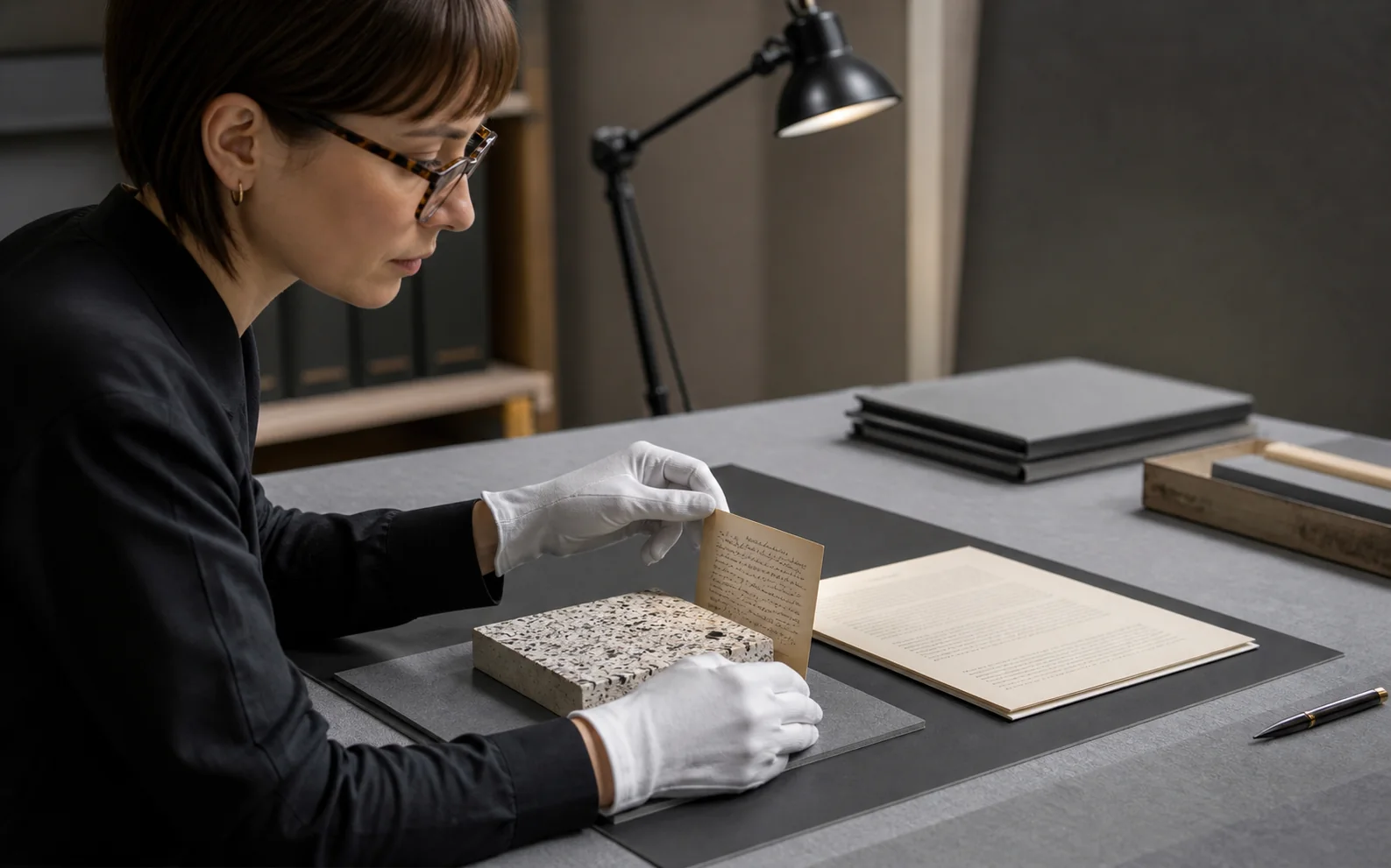 Evidence editor verifying a dated source record beside a physical material sample and policy document.