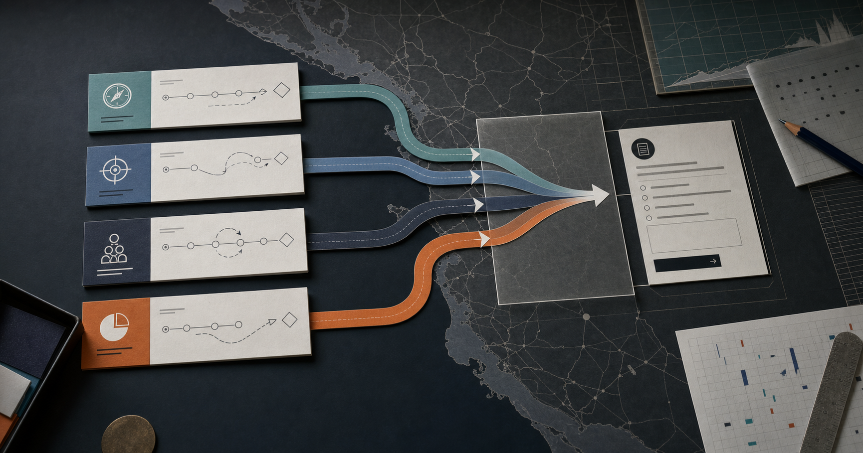 Premium editorial table still-life showing answer-engine source routes, buyer questions, citation paths, and repair records on a dark map table.