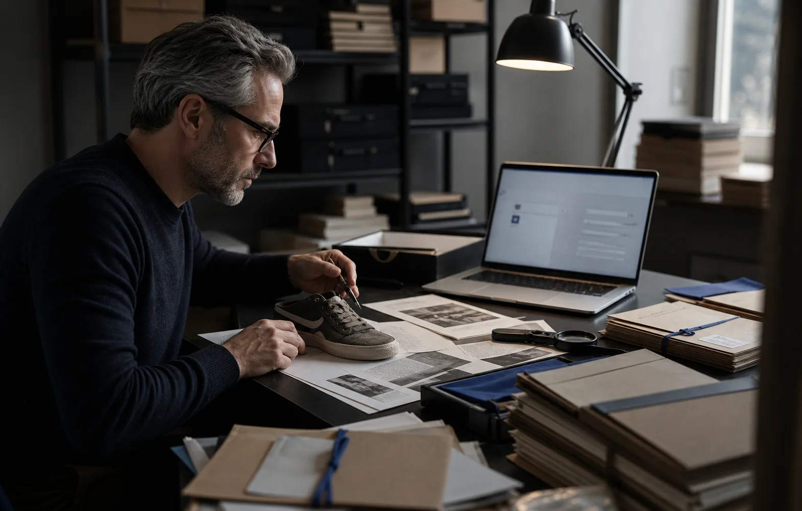 Researcher tracing one business claim across a physical product, source documents, and a digital record.
