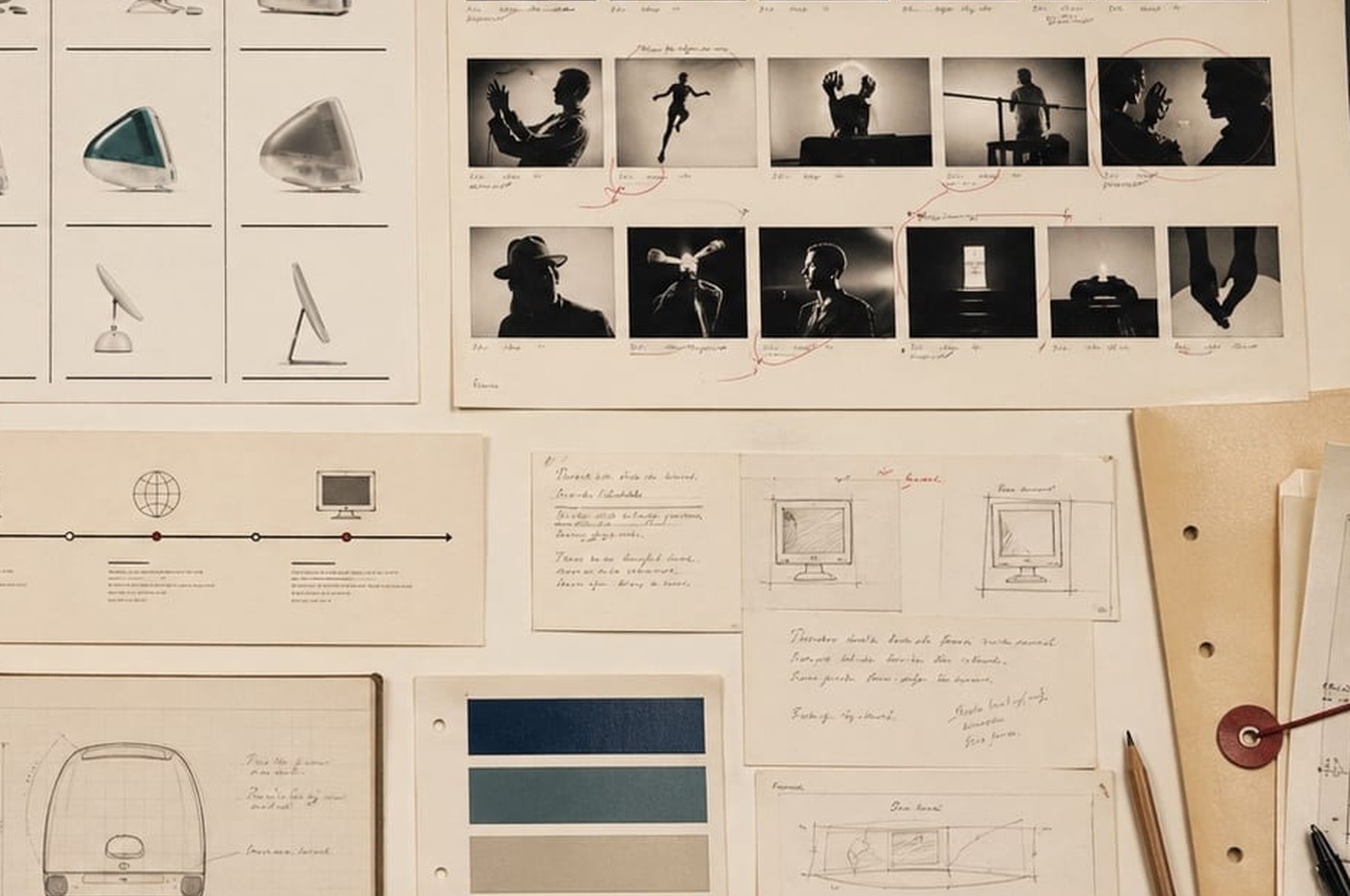 Apple comeback proof crop showing campaign boards, product-system sheets, channel notes, and material samples.