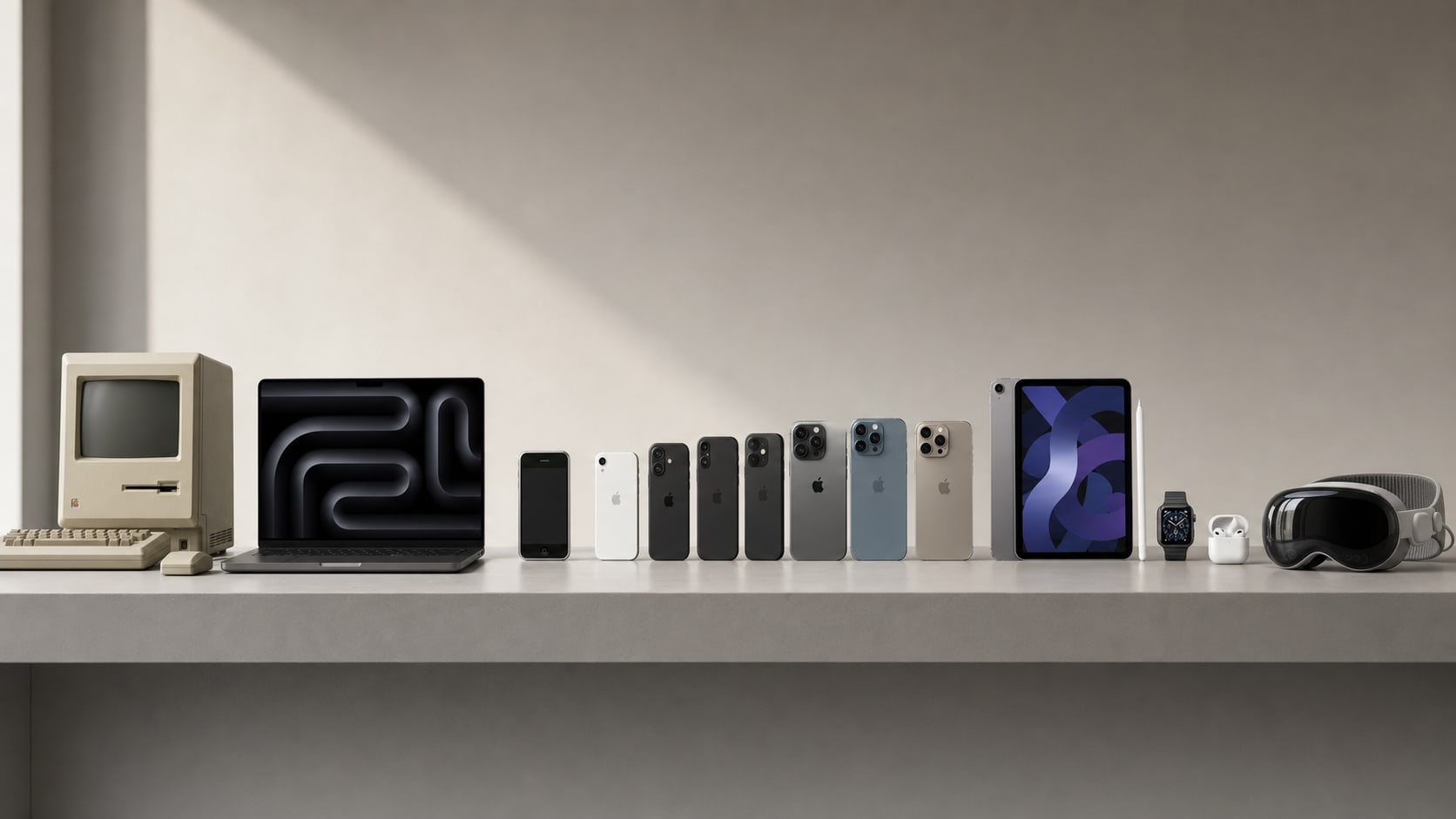 Realistic Apple product-family evolution lineup with a classic Mac-inspired computer, MacBook, iPhone generations, iPad, Apple Watch, AirPods-style audio, and Vision-style spatial headset.
