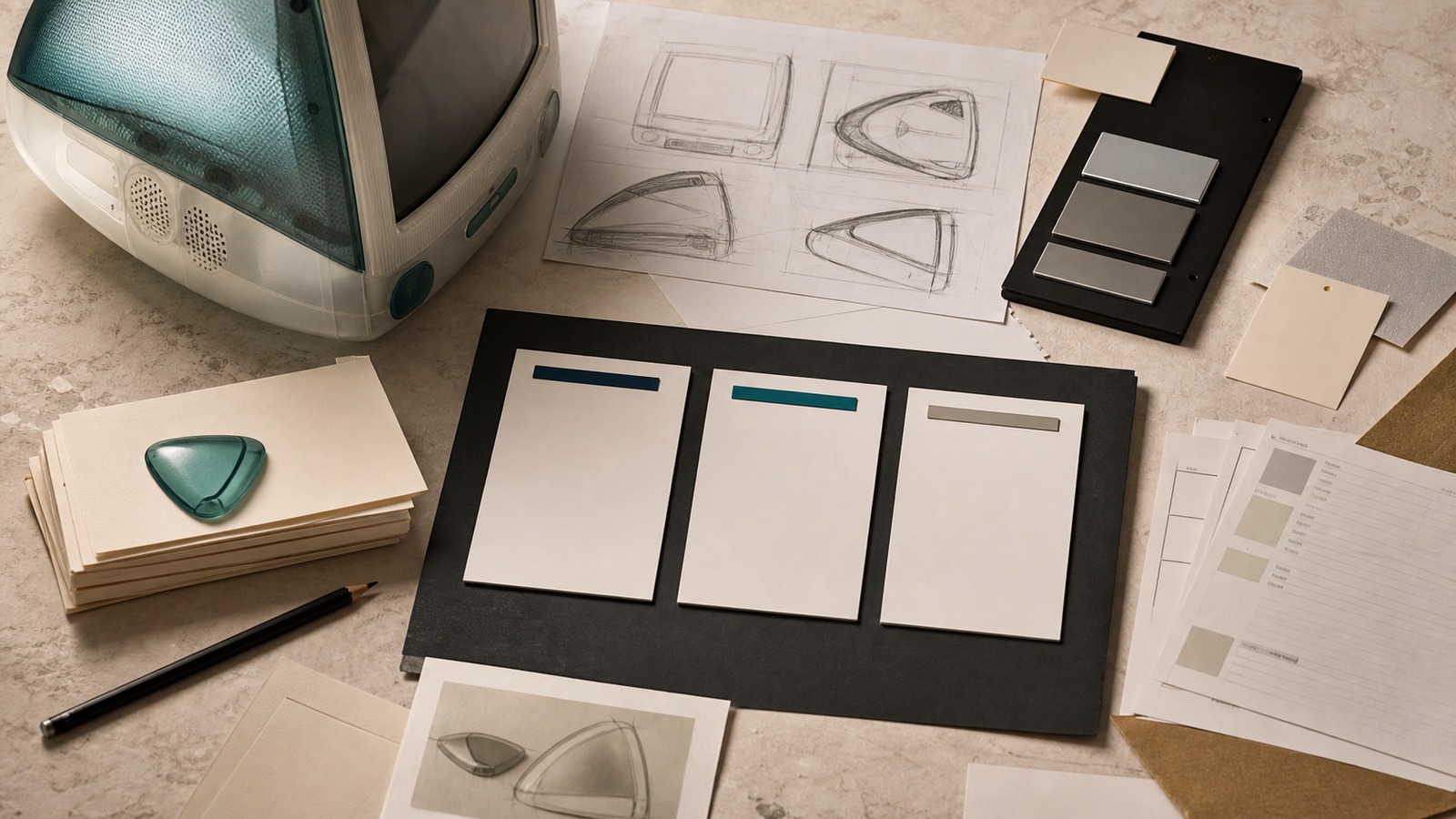Photorealistic Apple comeback proof scene with a translucent computer object, design sketches, material swatches, and product-line cards.