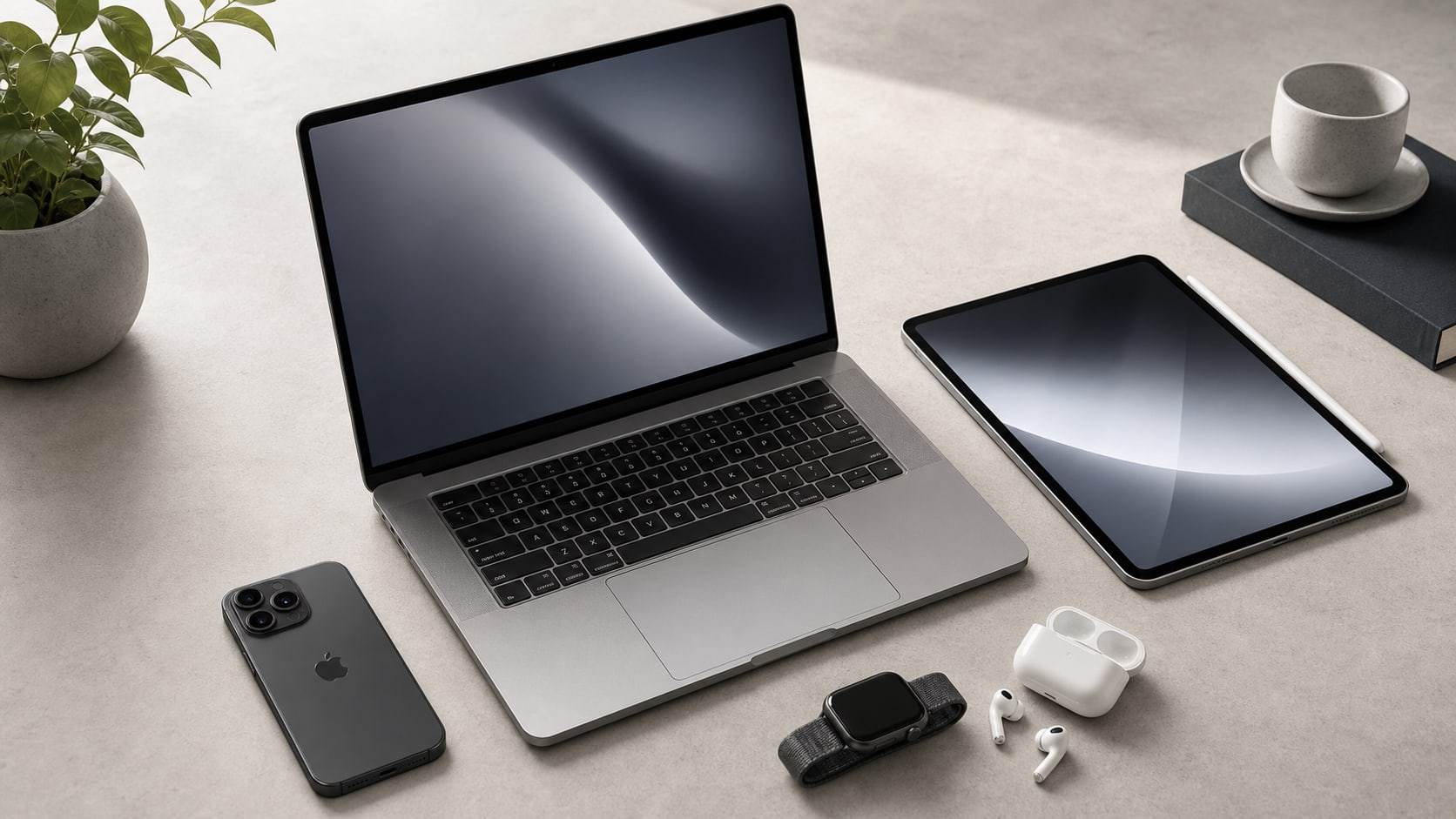 Realistic Apple work surface with a MacBook, iPad and Pencil, iPhone, Apple Watch, and AirPods-style audio with blank or neutral screens.