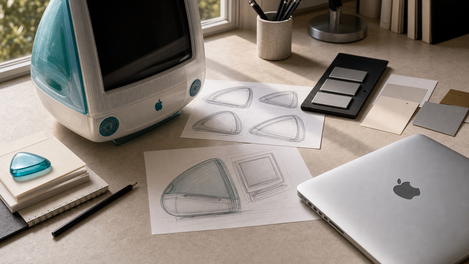 Photorealistic Apple comeback desk with a fully visible Apple mark, translucent late-1990s computer object, design sheets, material swatches, and product-focus artifacts.