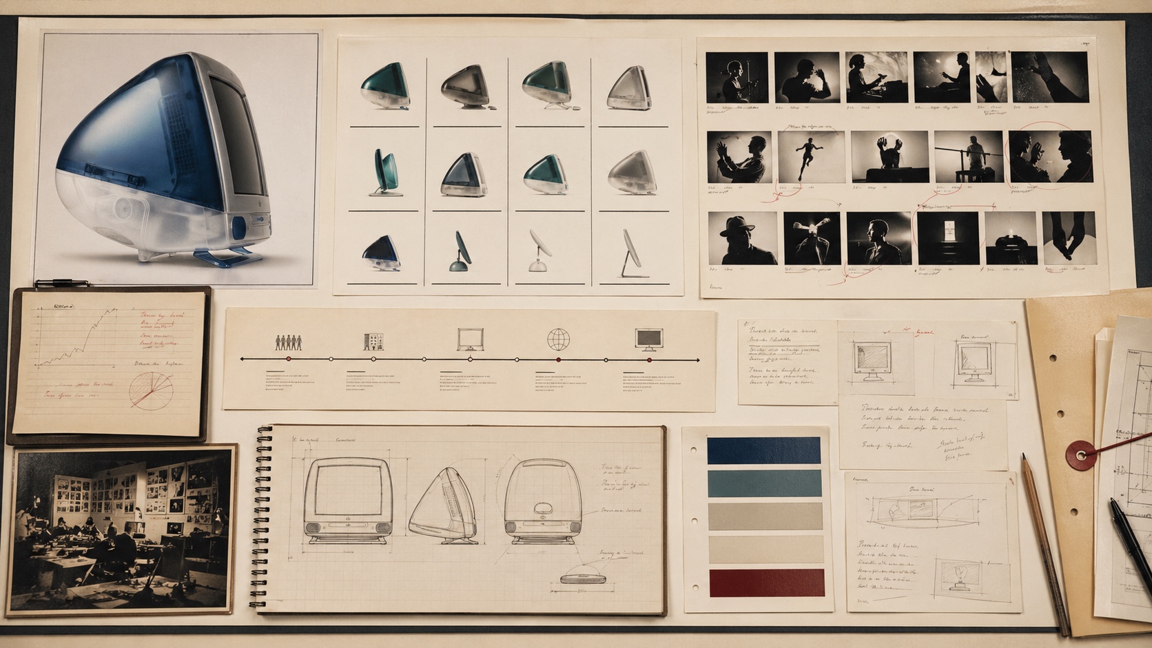 Generated archive desk showing a generic translucent computer study, campaign storyboard sheets, product-line grids, and comeback planning materials
