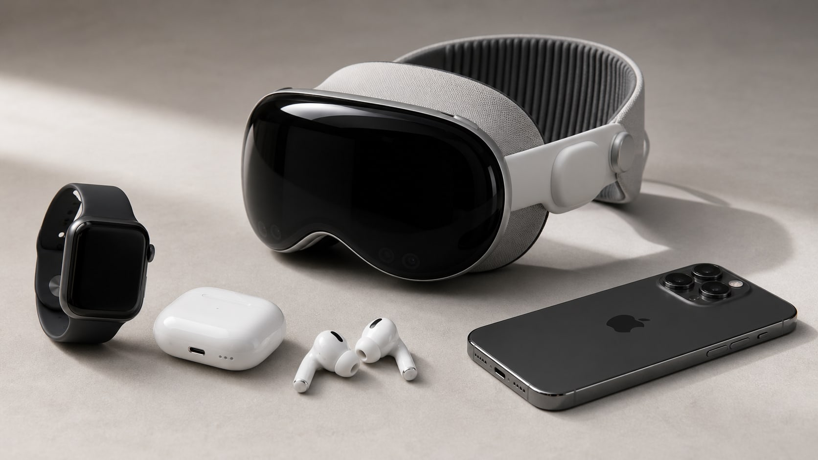 Realistic Apple wearables and spatial computing layer with Apple Watch-style device, AirPods-style earbuds, iPhone, and Vision-style headset.