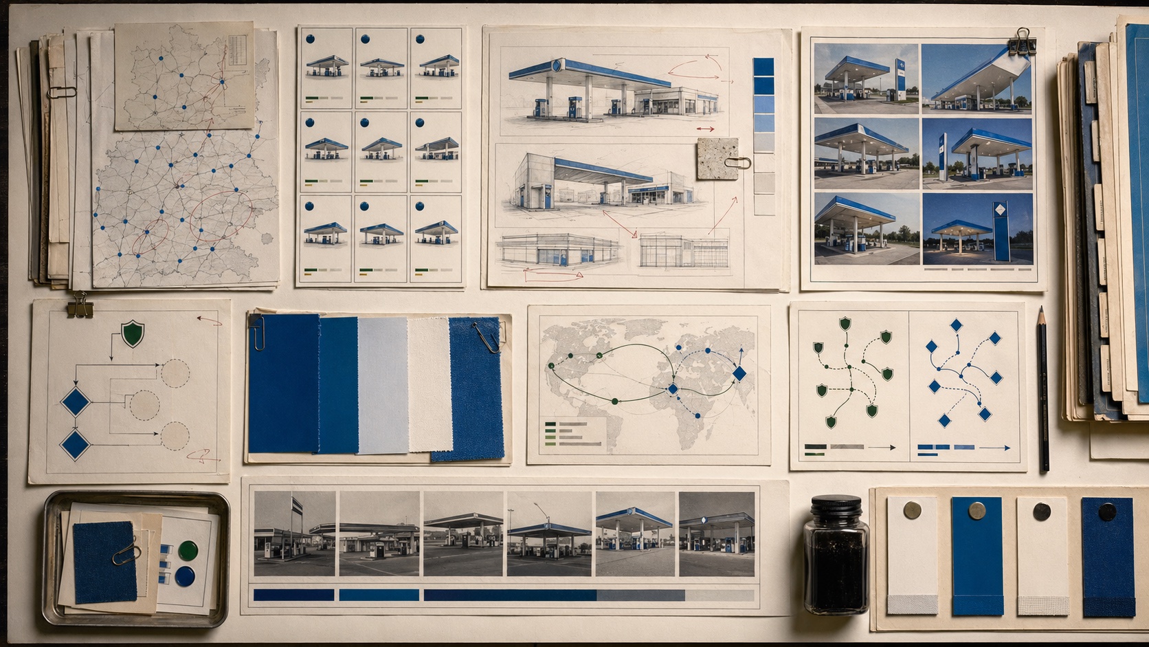 Premium editorial archive still-life of a German fuel-retail network map, blue-white station architecture studies, local-equity cards, acquisition route diagrams, and forecourt color swatches