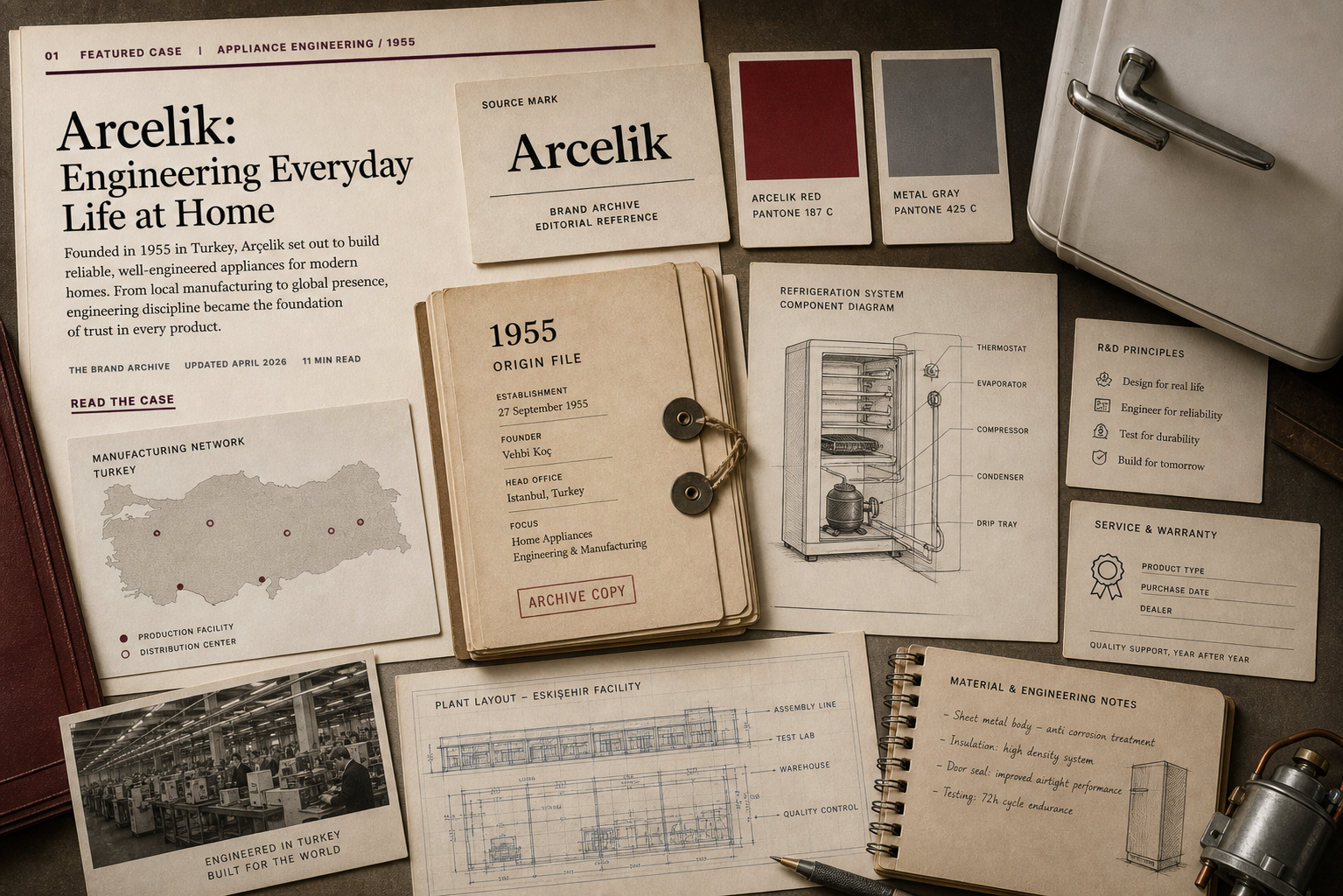 Premium editorial archive still-life of an Arçelik appliance engineering case with source-mark card, engineering swatches, factory blueprint, refrigerator component diagram, R&D lab note cards, Turkey manufacturing map, service warranty card, and 1955 origin file