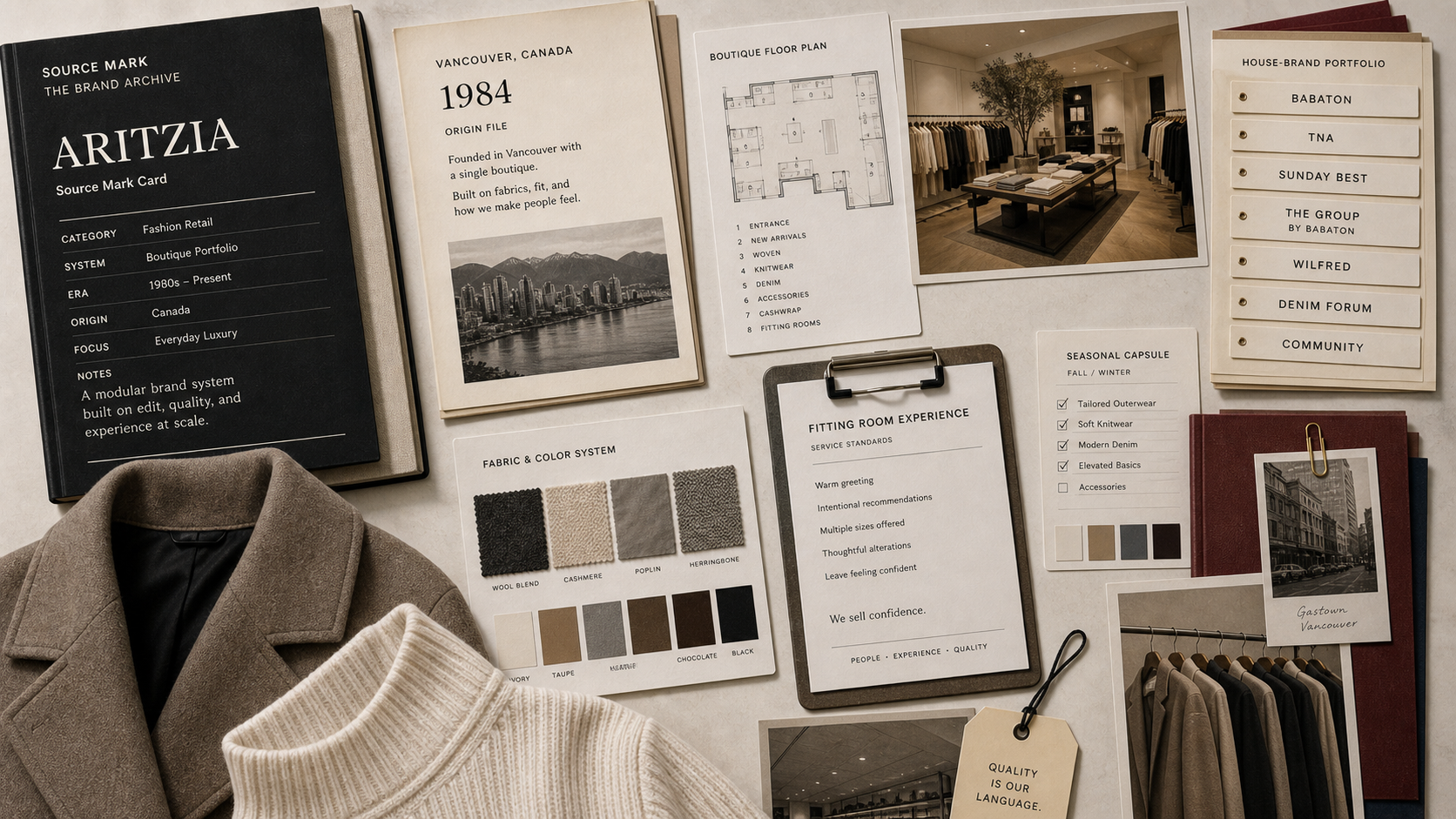 Premium editorial archive still-life of an Aritzia boutique portfolio case with source-mark card, tailored coat, knitwear swatches, boutique floor plan, Vancouver 1984 origin file, house-brand tabs, neutral palette, fitting-room service card, and seasonal capsule notes