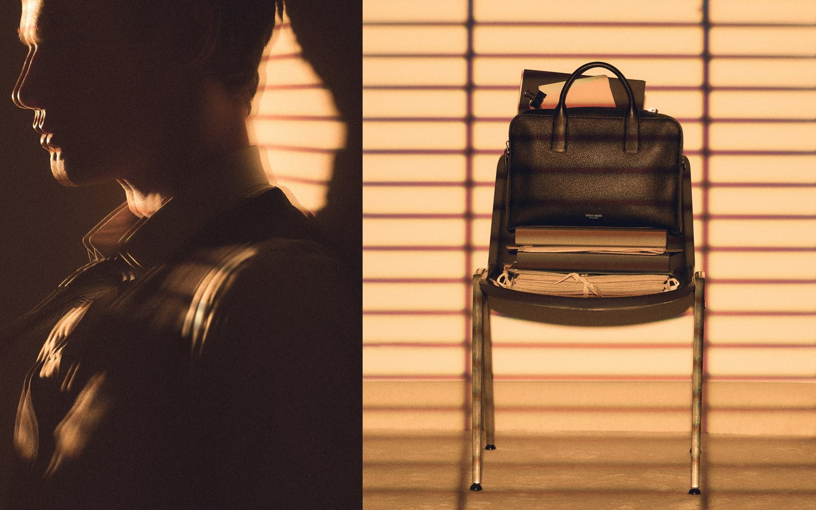 Official Giorgio Armani campaign image showing restrained luxury, tailoring, and leather goods.
