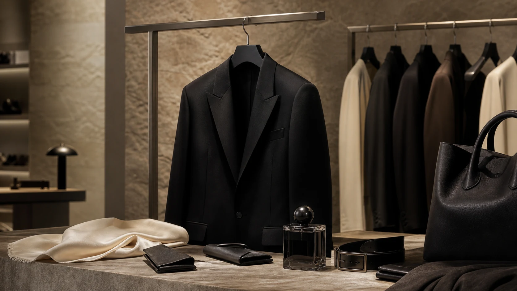 Generated Armani-style showroom proof scene showing restrained tailoring, boutique objects, hospitality cues, and portfolio architecture.