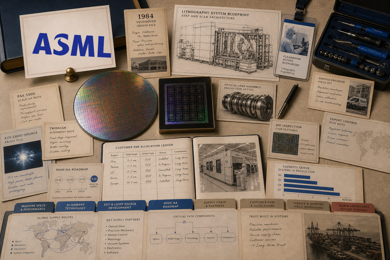 Premium editorial archive still-life of an ASML semiconductor lithography case with ASML source-mark card, 1984 Veldhoven origin file, lithography system blueprint, silicon wafer, reticle, optical lens assembly, EUV proof file, customer fab allocation ledger, and capacity queue