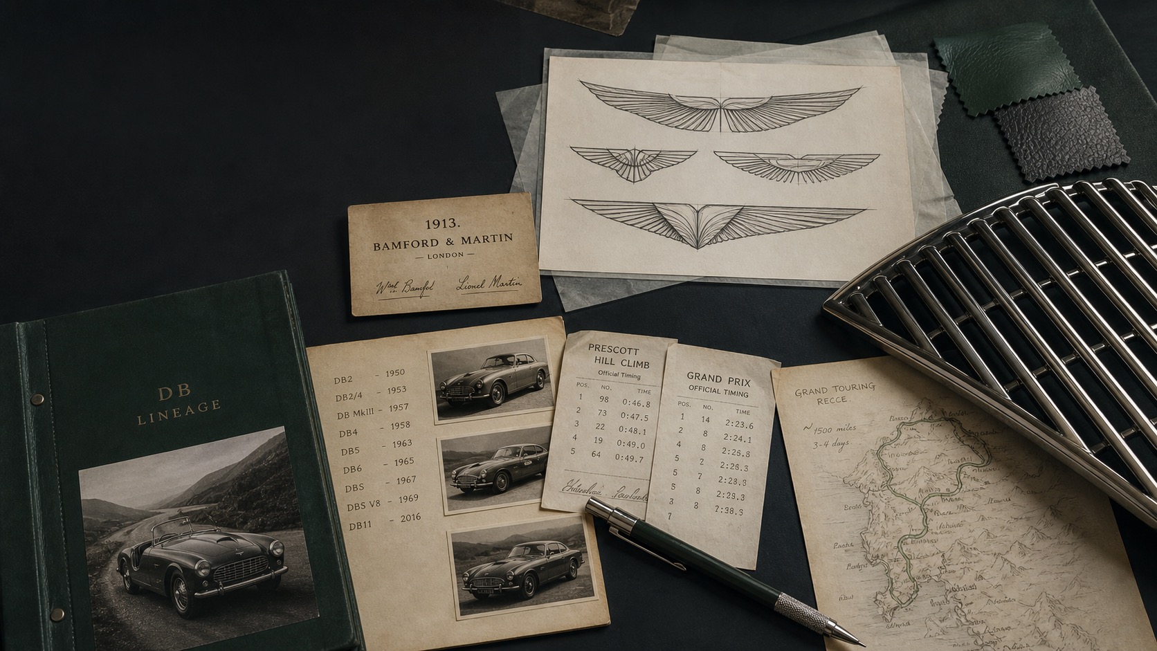 Premium editorial archive still-life of an Aston Martin wings case with generic wing emblem study, 1913 Bamford and Martin card, DB lineage notes, race timing slips, grand touring road map, metal grille texture, leather sample, and mechanical pencil