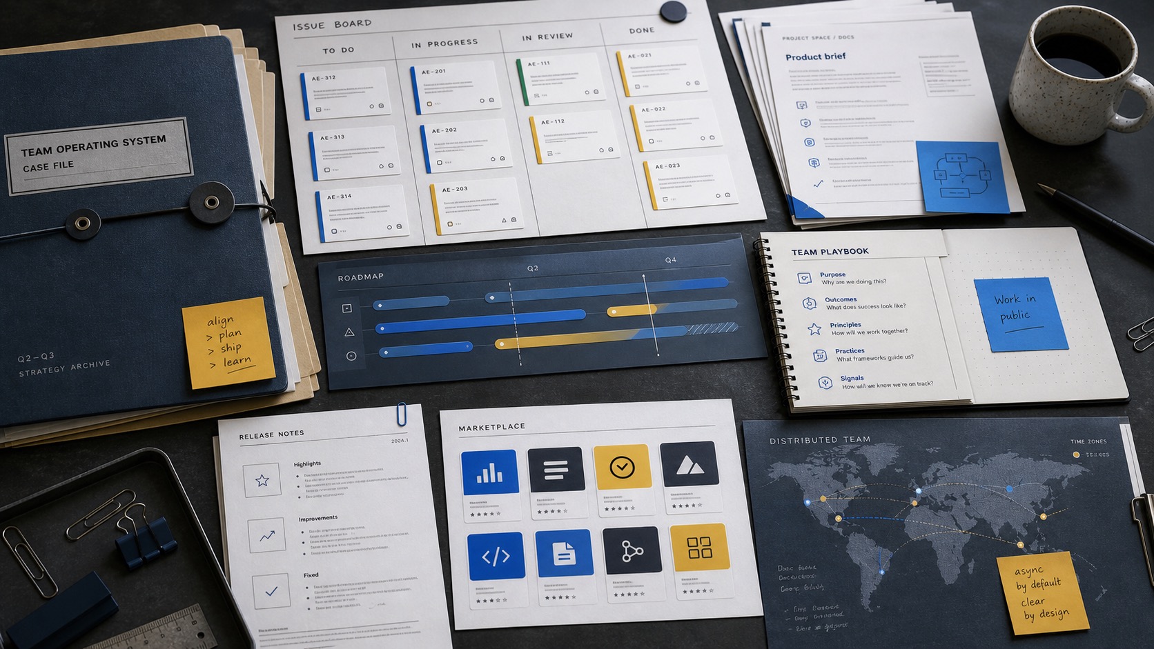 Premium editorial archive still-life of an Atlassian Jira Confluence team operating system case with source-mark card, issue-tracking board cards, documentation pages, roadmap strips, team playbook prompts, release notes, marketplace tiles, and distributed work map