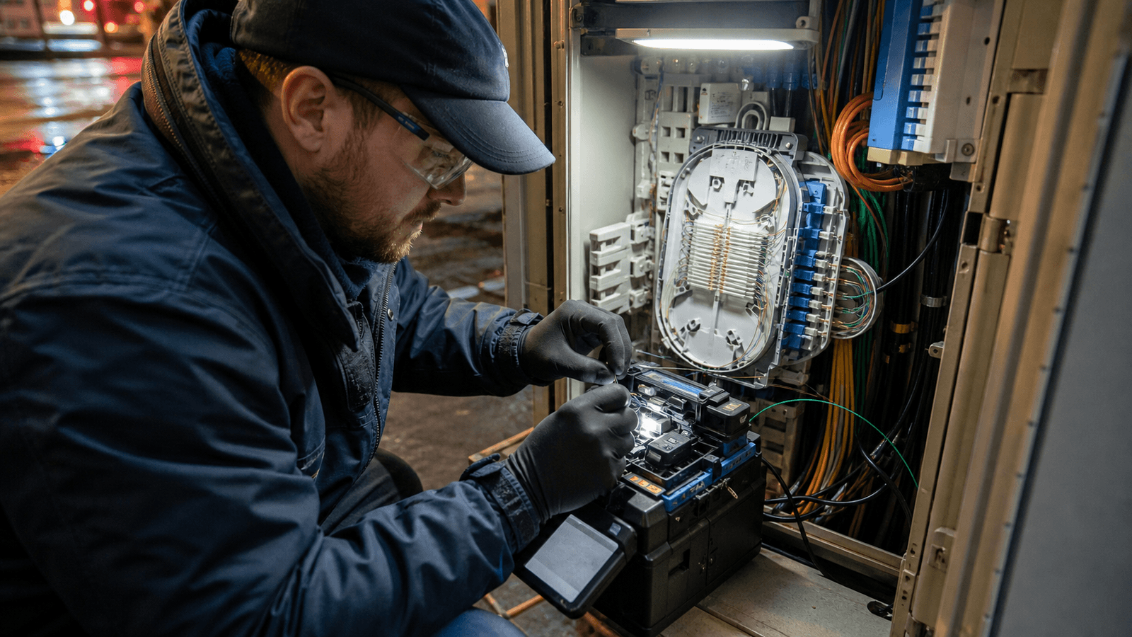 Technician completing a fiber installation at a home without visible logos.