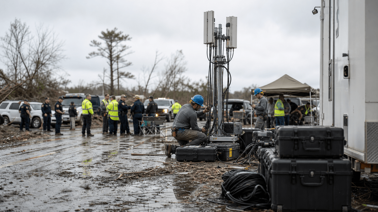 Public-safety team using a dedicated broadband connection during field operations without visible logos.