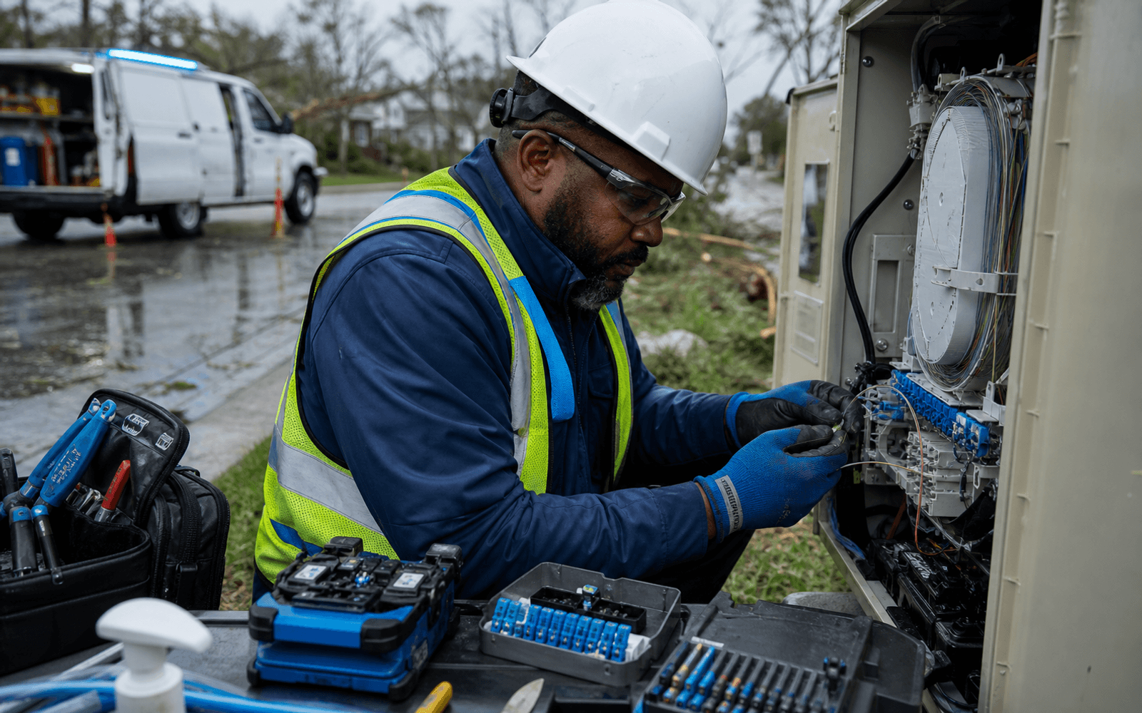 Photorealistic connectivity scene joining wireless, fiber, business, and public-safety infrastructure without visible logos.