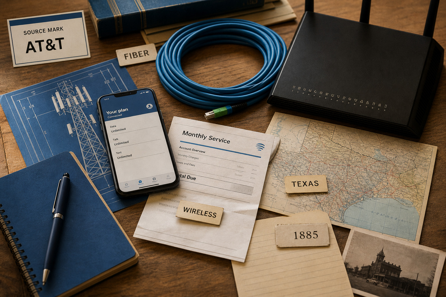 Premium editorial archive still-life of an AT&T network connectivity access case with blue signal swatches, phone plan card, fiber line map, home router diagram, network tower file, account dashboard wireframe, business service note, and 1885 origin card
