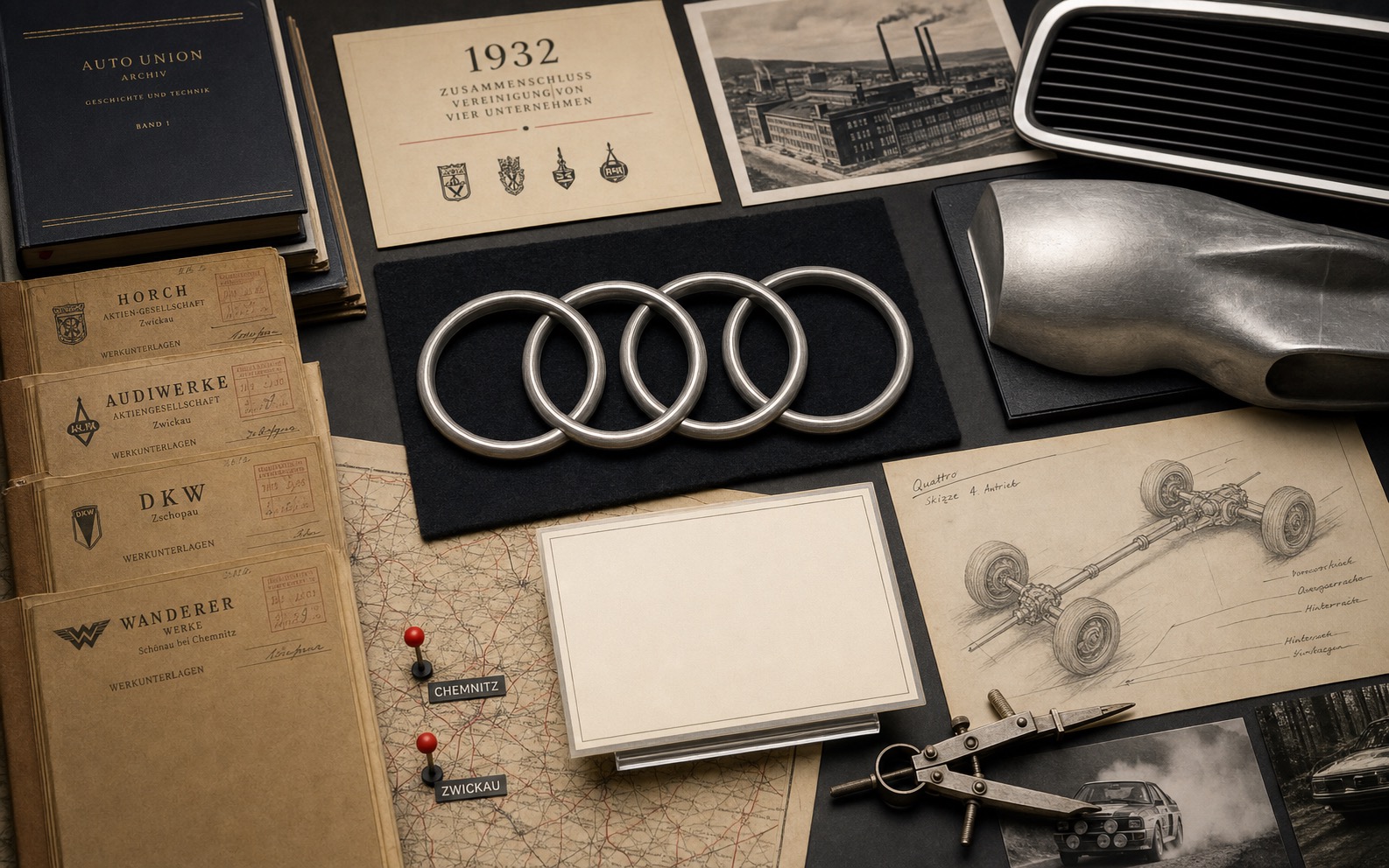 Premium editorial archive still-life of an Audi four-rings engineering union case with four metal rings, 1932 merger card, Auto Union archive book, manufacturer folders, map pins, aluminum body sample, and drivetrain sketch
