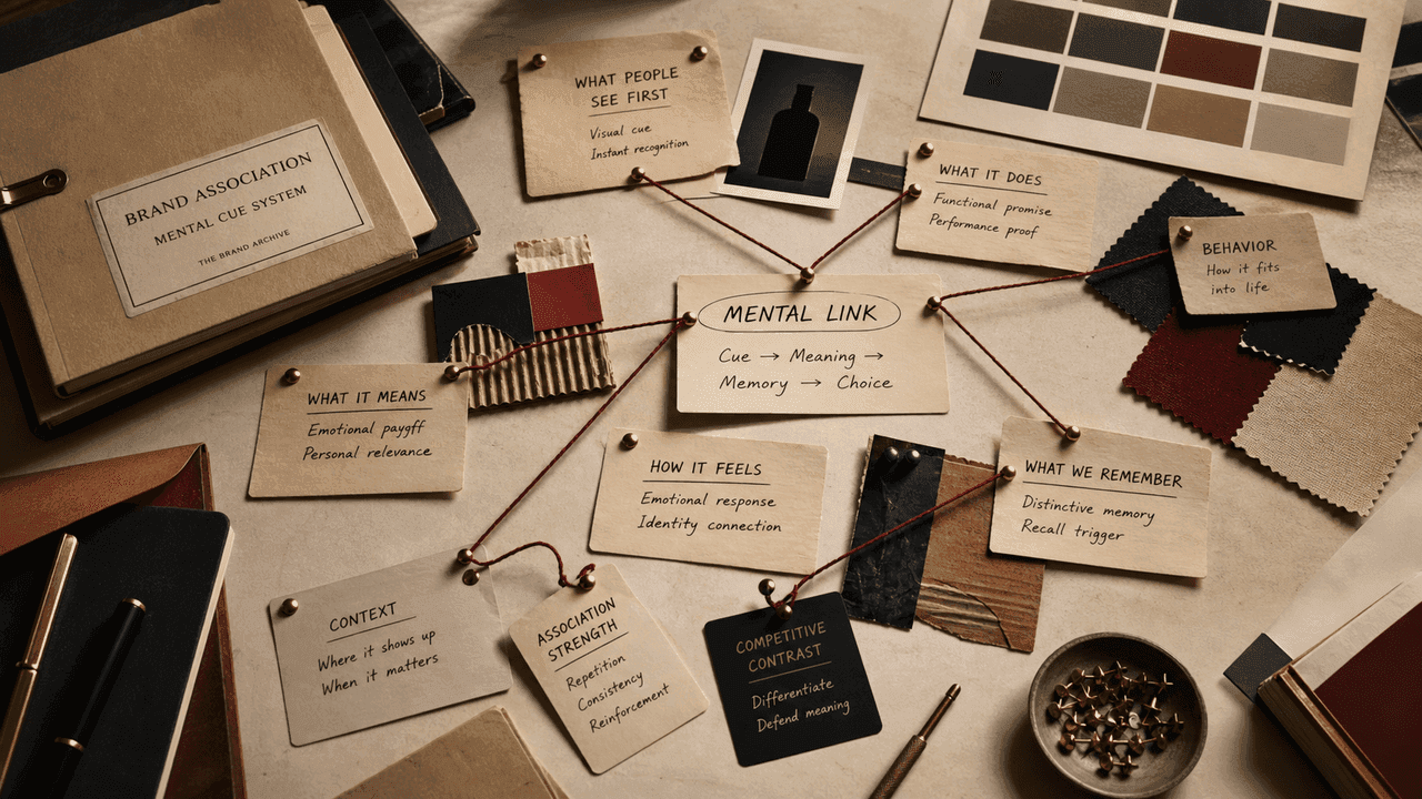 Premium archive-table still-life for brand association with color swatches, packaging fragments, meaning tags, retrieval notes, and oxblood thread.
