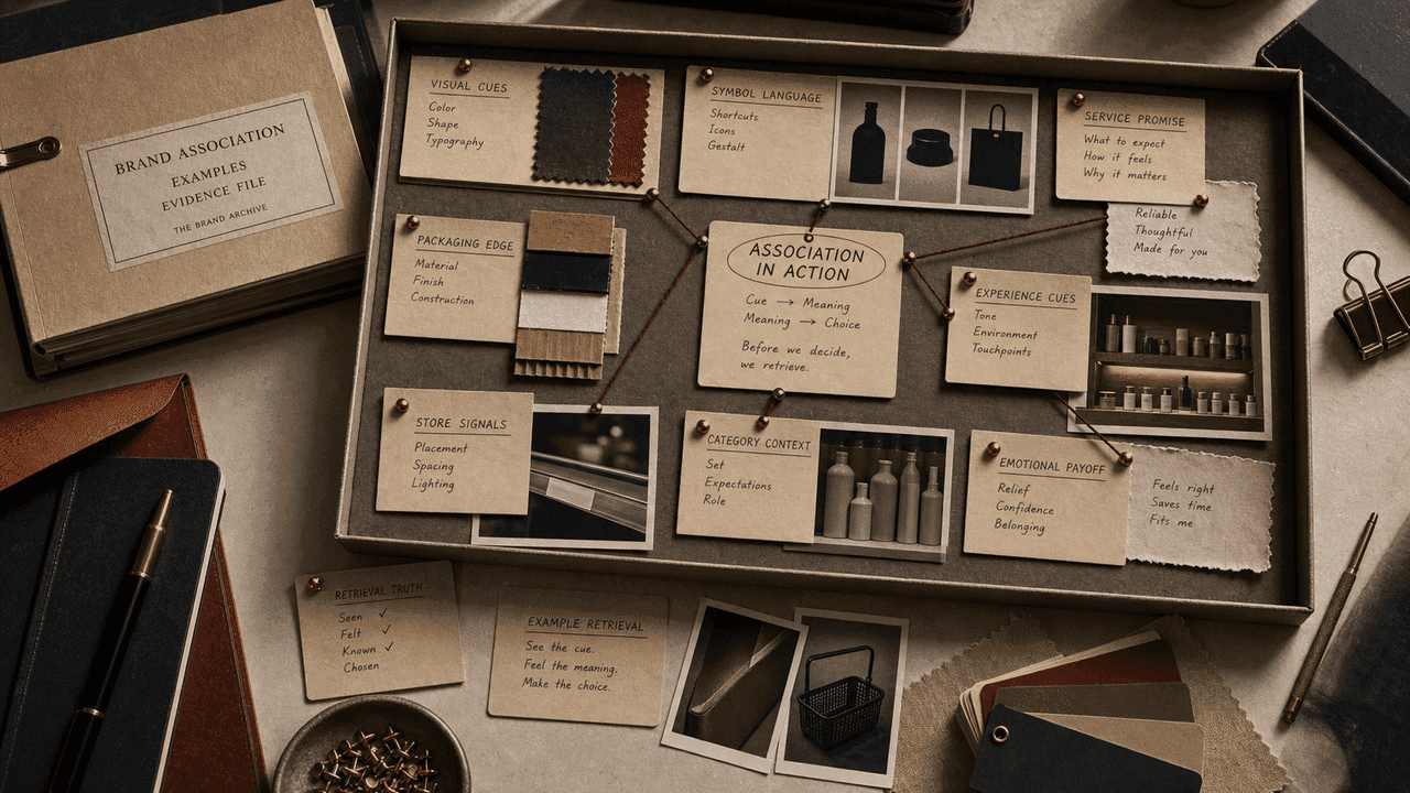 Premium archive-table still-life for brand association examples with retrieval trays, color chips, package edges, symbol cards, and shelf cues.