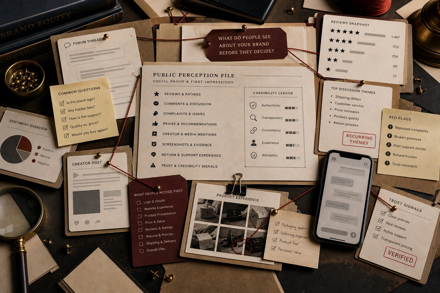 Premium archive-table still-life showing public perception, reviews, trust signals, product evidence, and first-impression brand checks.
