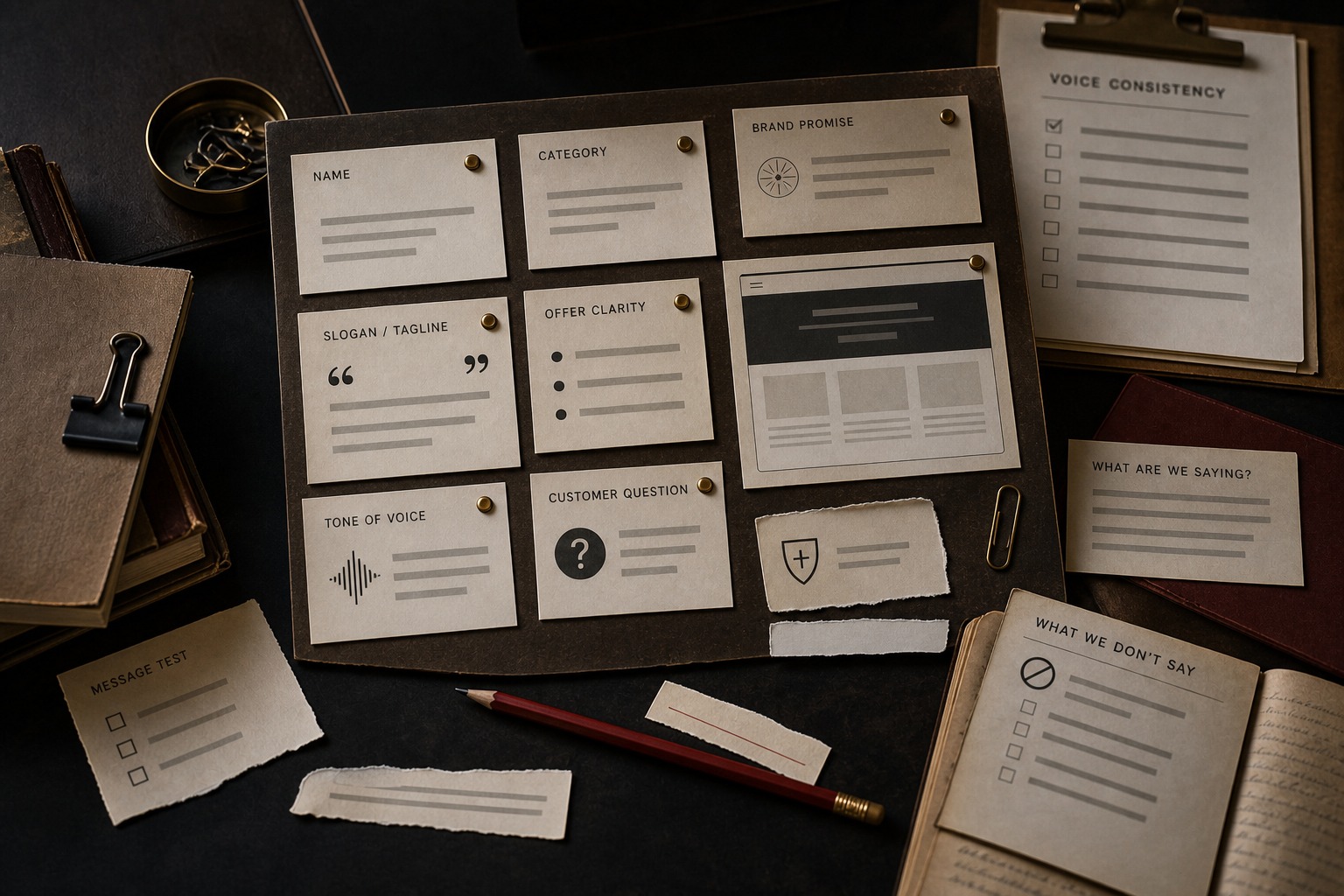 Archive-table still-life showing brand message cards for name, category, slogan, offer clarity, tone, and customer question.