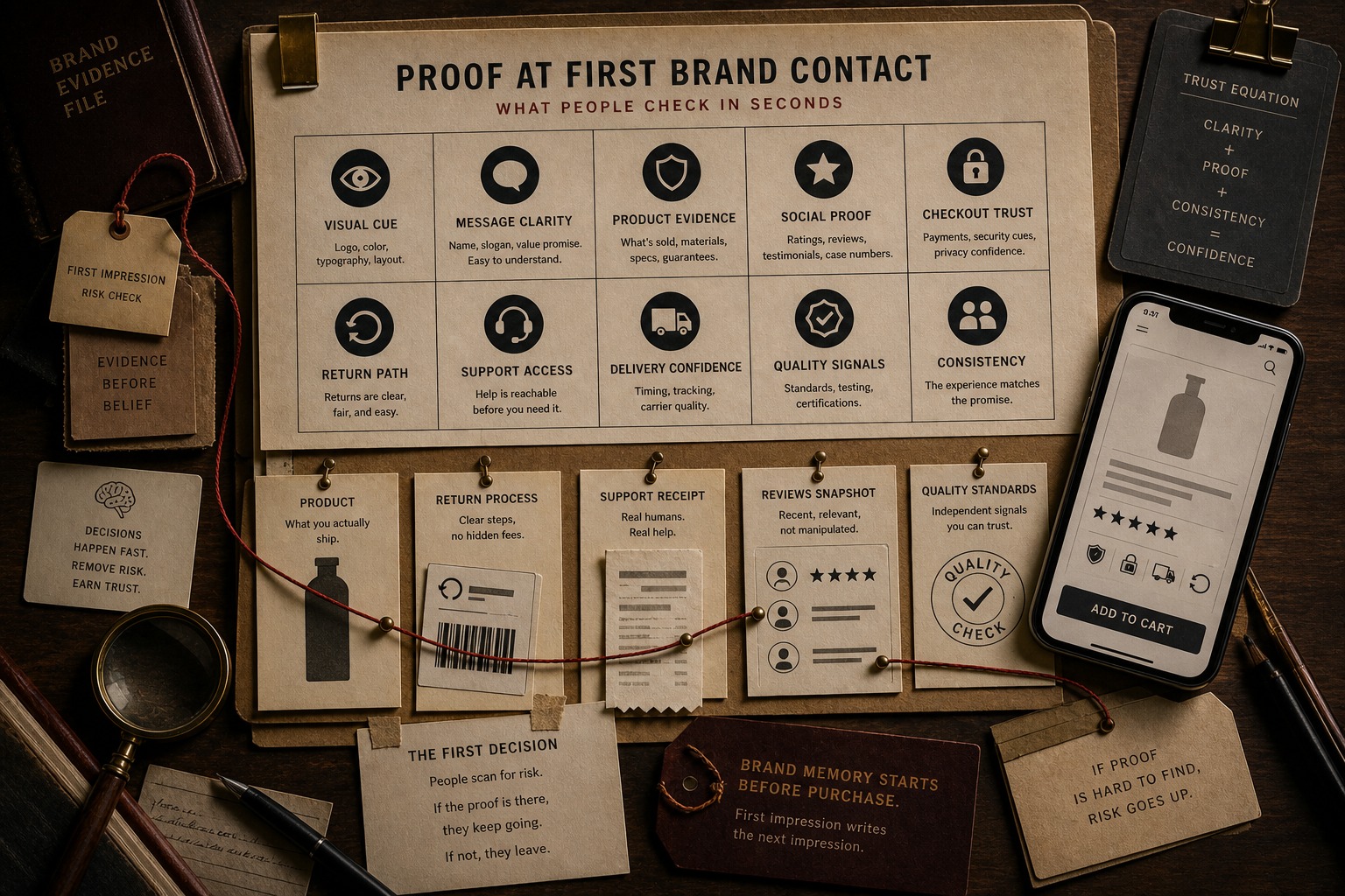 Archive-table still-life showing first-contact proof signals: reviews, return path, support access, quality signals, delivery confidence, and checkout trust.