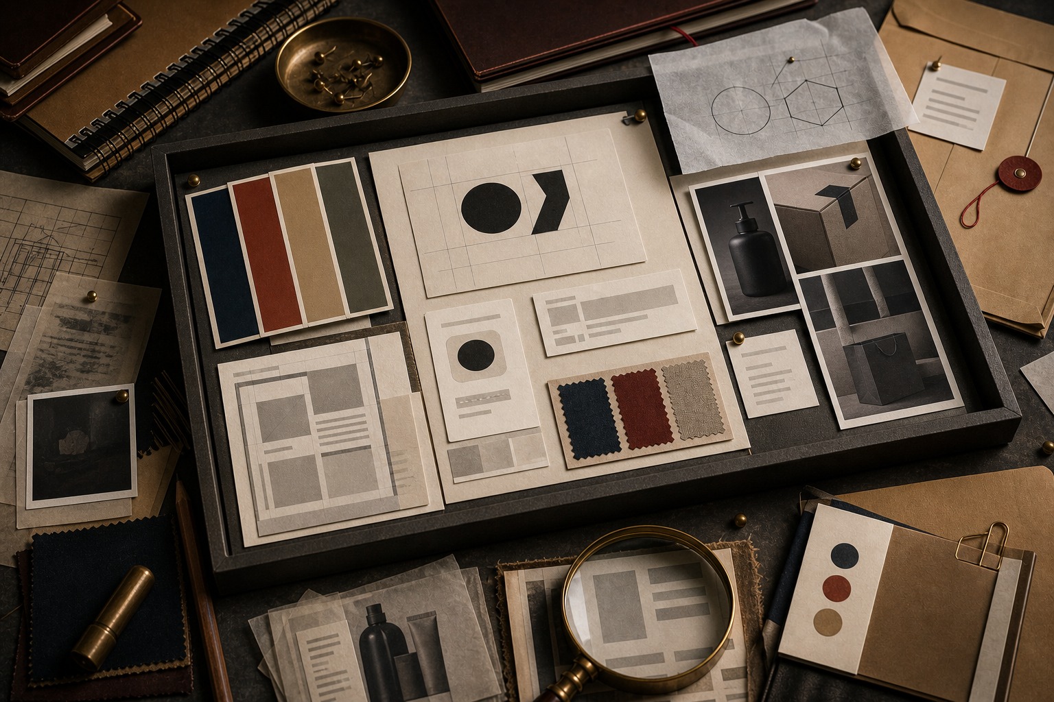 Archive-table still-life showing visual brand cues: color swatches, blank logo grids, packaging fragments, layout cards, and typography specimens.