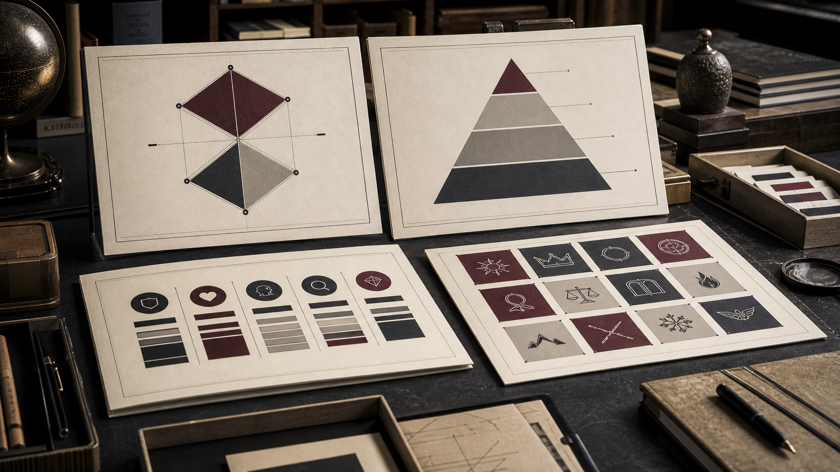 Premium archive-table still-life with brand framework cards, abstract model diagrams, source folders, and no real brand logos.