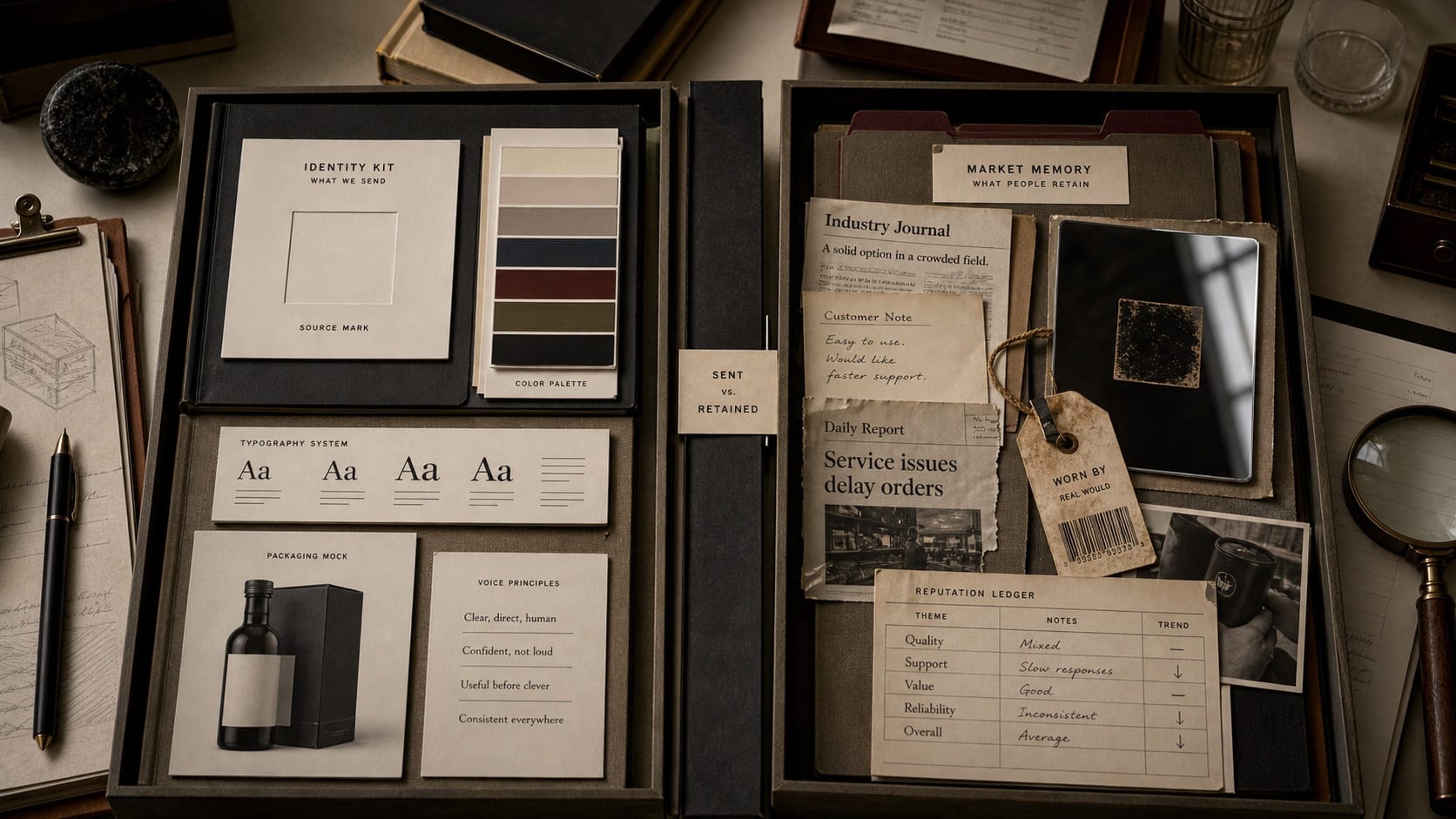 Archive table with identity system cards, market image notes, recognition tests, and proof files.