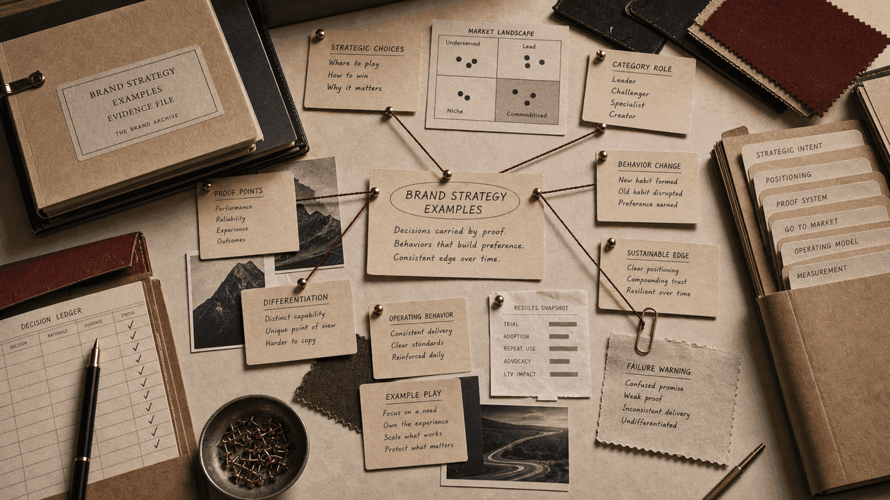 Premium archive-table still-life for brand strategy examples with a decision ledger, market map, category cards, proof slips, and case folders.