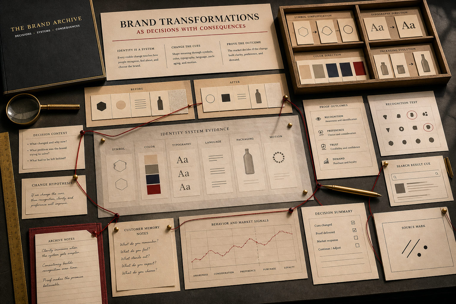 Premium archive-table still-life for brand transformations with cue cards, identity evidence, recognition tests, proof outcomes, and abstract source marks.