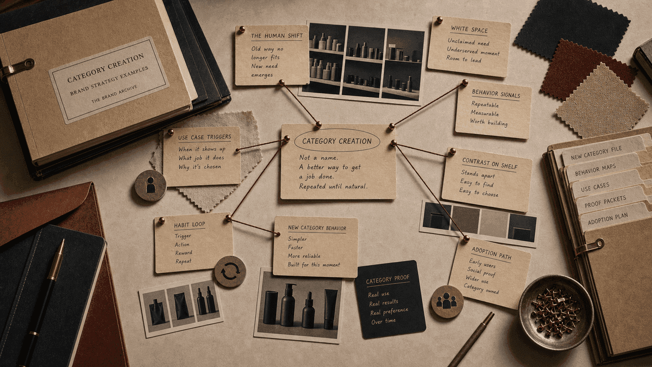 Premium archive-table still-life for category creation with behavior maps, use-case tokens, shelf contrast cards, comparison strips, and category files.