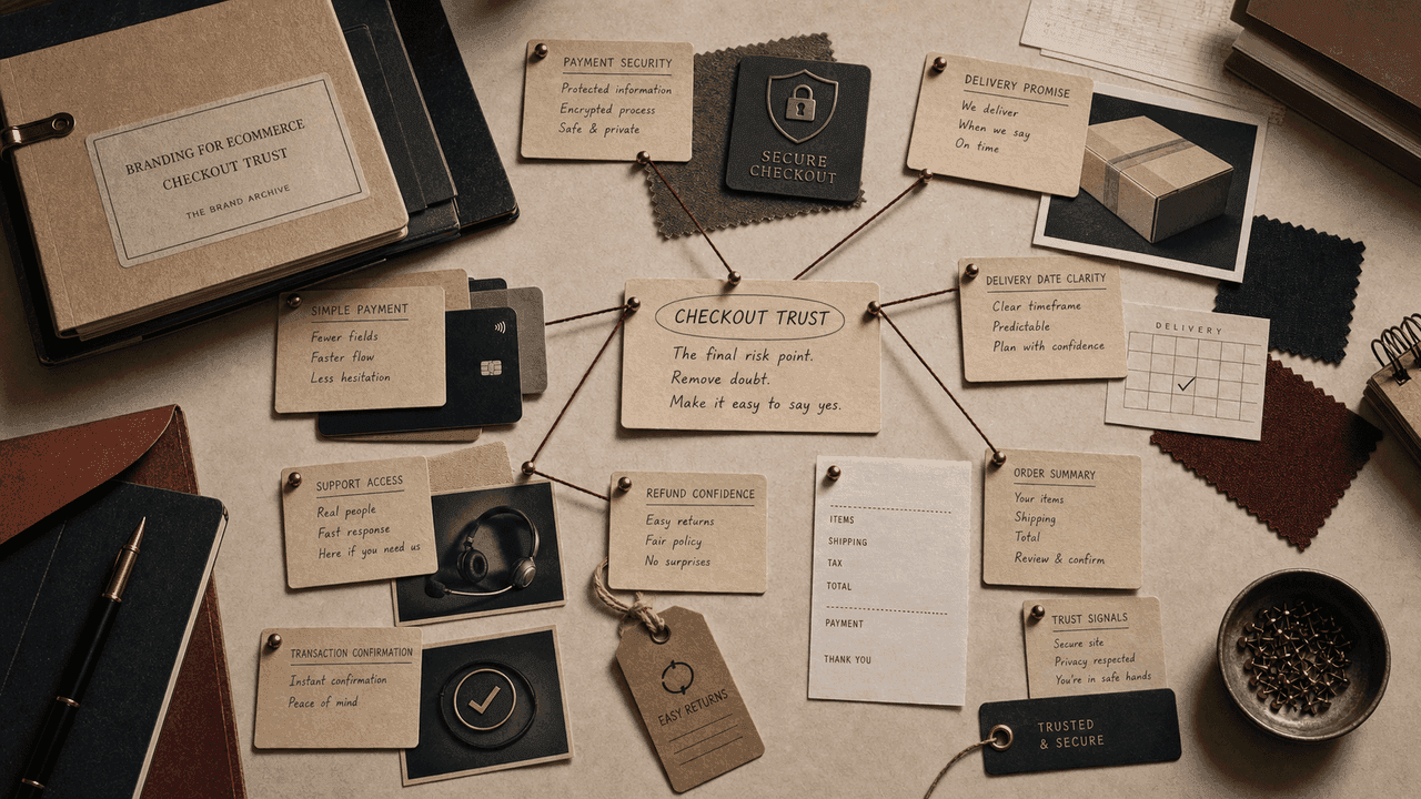 Premium archive-table still-life for ecommerce checkout trust with payment-card silhouettes, security seals, parcel slips, support notes, and receipt evidence.