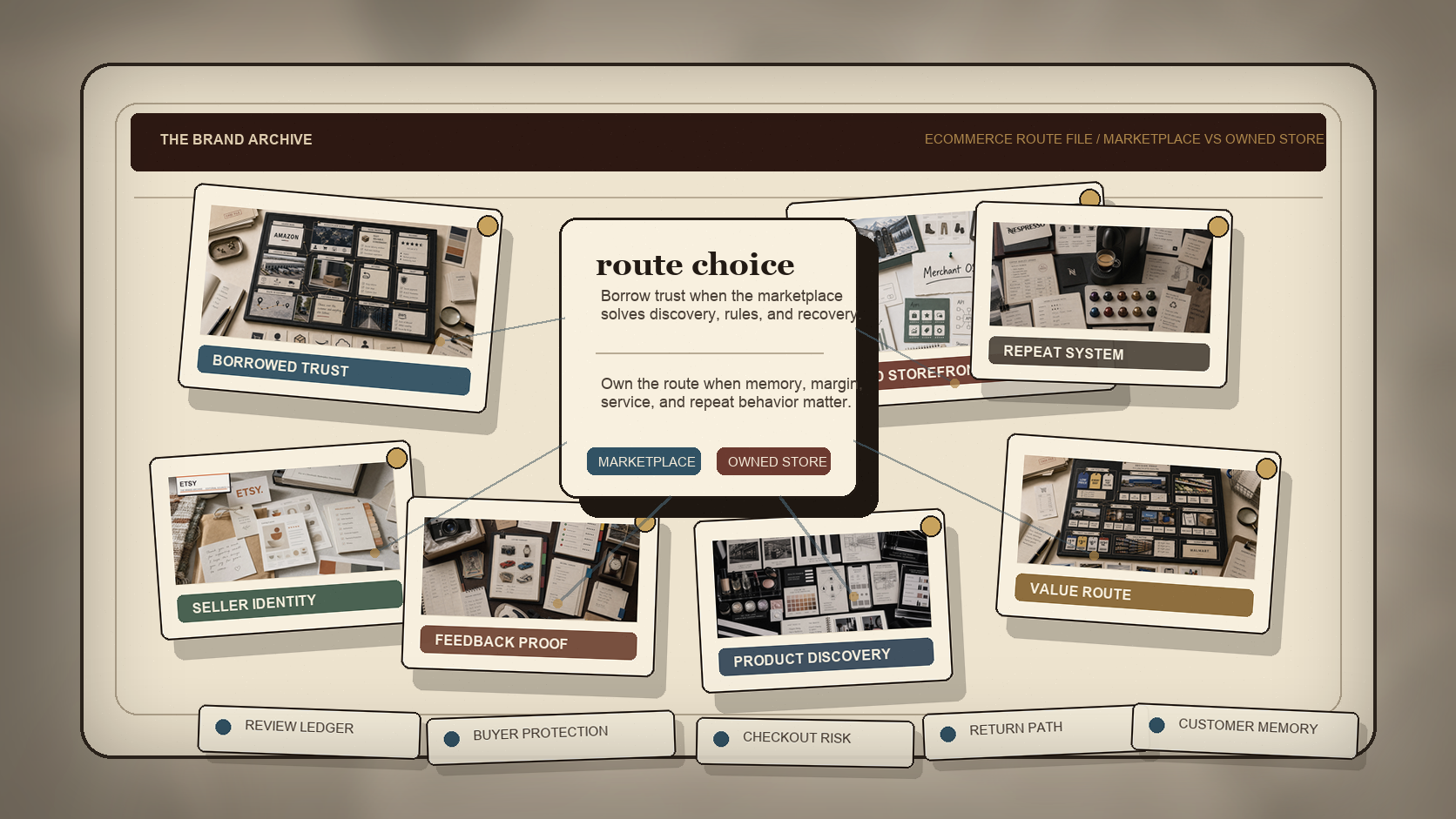 Premium archive-table still-life for marketplace versus owned-store branding with seller cards, owned-store proof sheets, checkout notes, parcel routes, and customer memory ledgers.