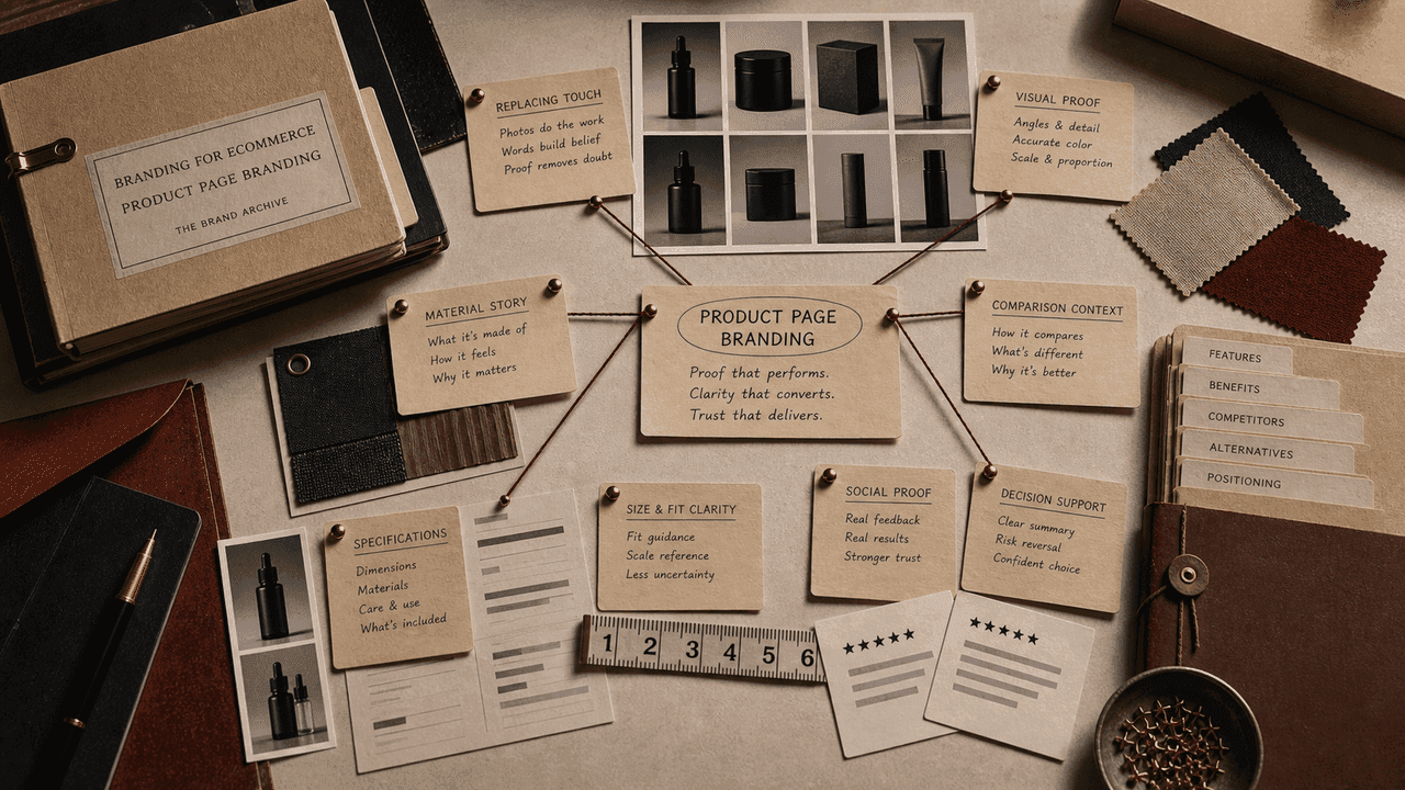 Premium archive-table still-life for product-page branding with printed product sheets, material samples, spec cards, review notes, and comparison tabs.