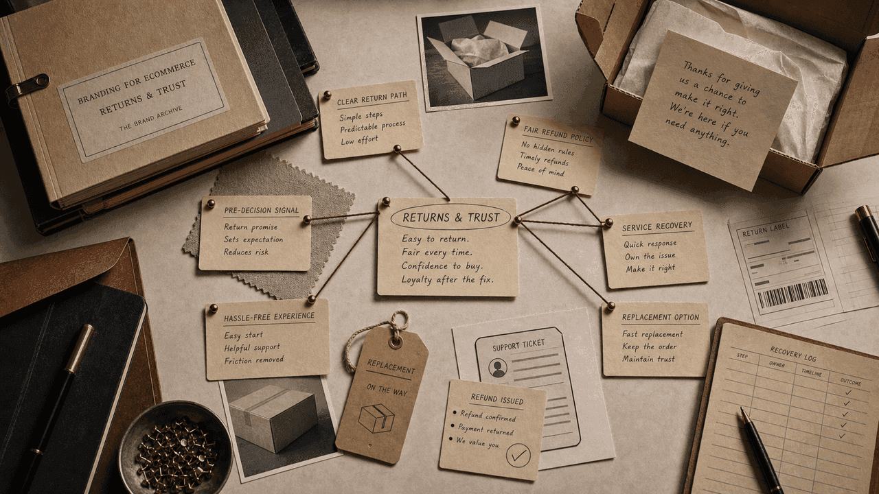 Premium archive-table still-life for ecommerce returns and trust with an open parcel, return label, refund note, support ticket, and recovery log.